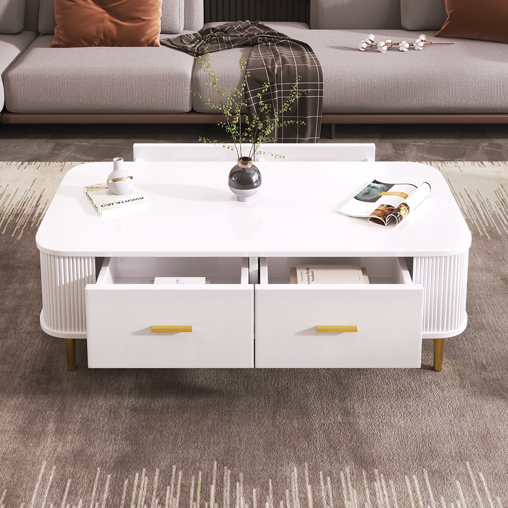 Table basse avec tiroirs, coins incurvés, table de salon avec côtés ondulés, poignées et pieds dorés, table d'appoint - 2
