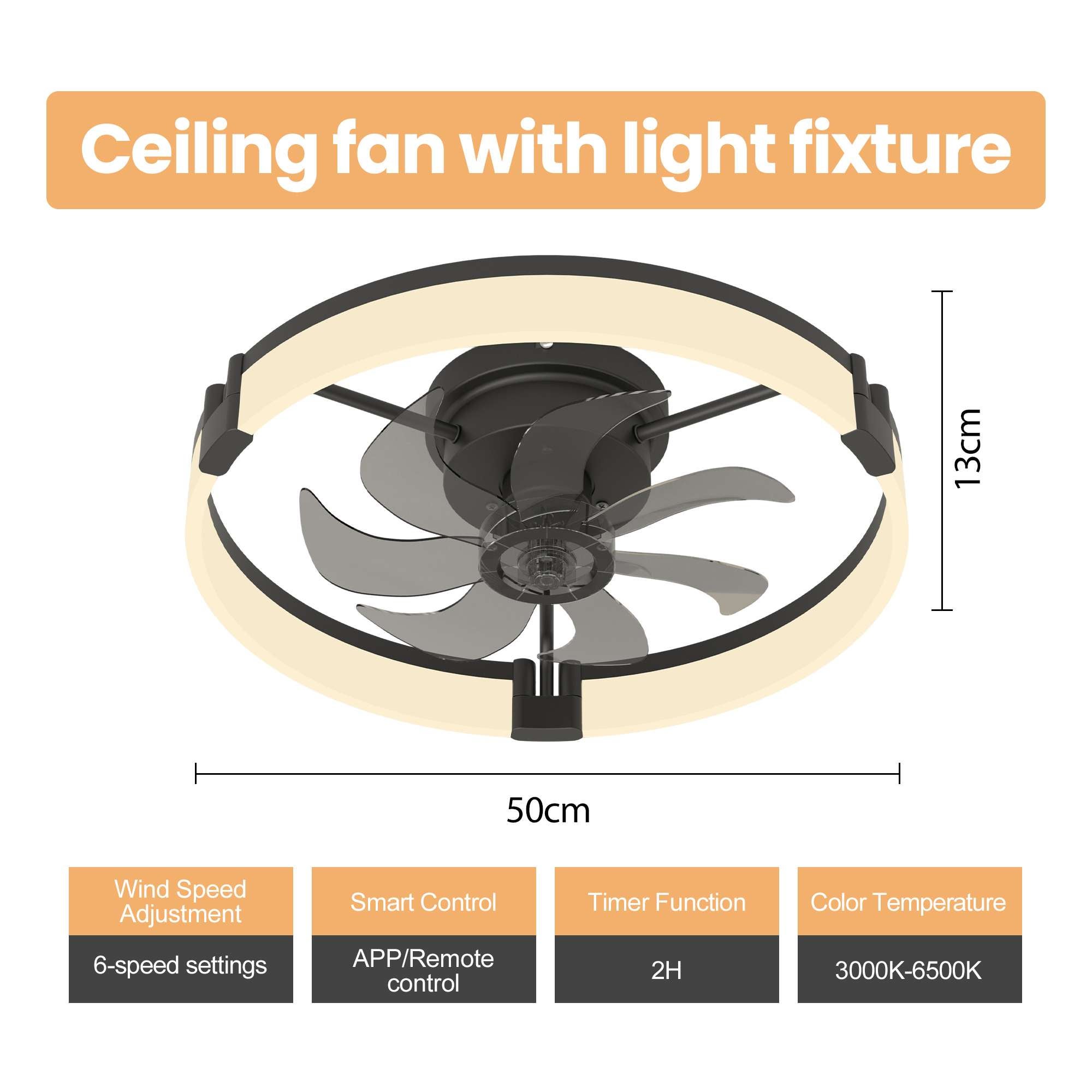 Ventilateur de plafond LED 50cm avec télécommande & APP, 6 vitesses, dimmable 3000-6500K, silencieux 30dB, chambre salon - 3