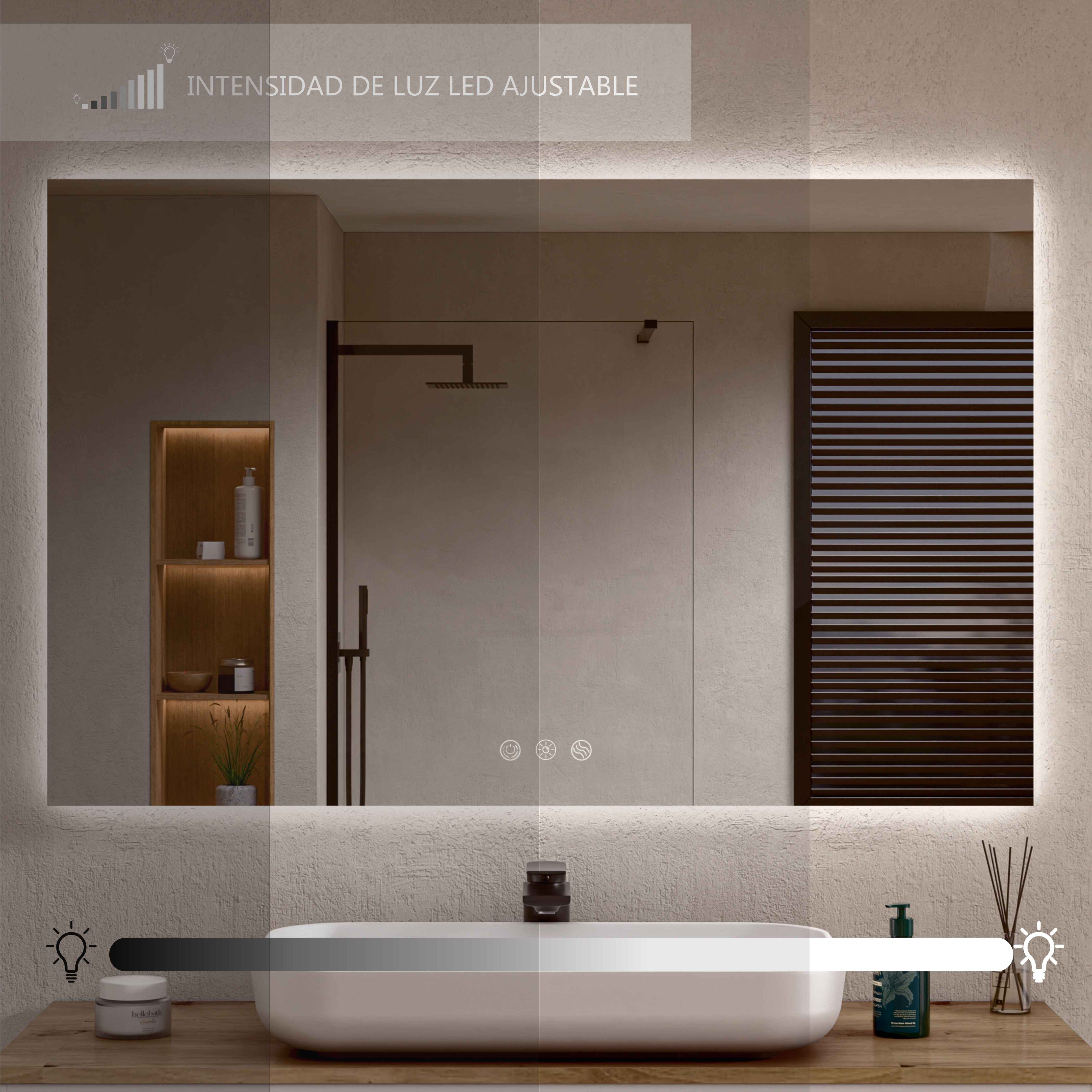 BELLOBATH - Espejo Baño con Luz Led, Luz Ajustable en 3 Colores e Intensidad, Antivaho - Luz Indirecta - 80cm alto x 100cm ancho - 6