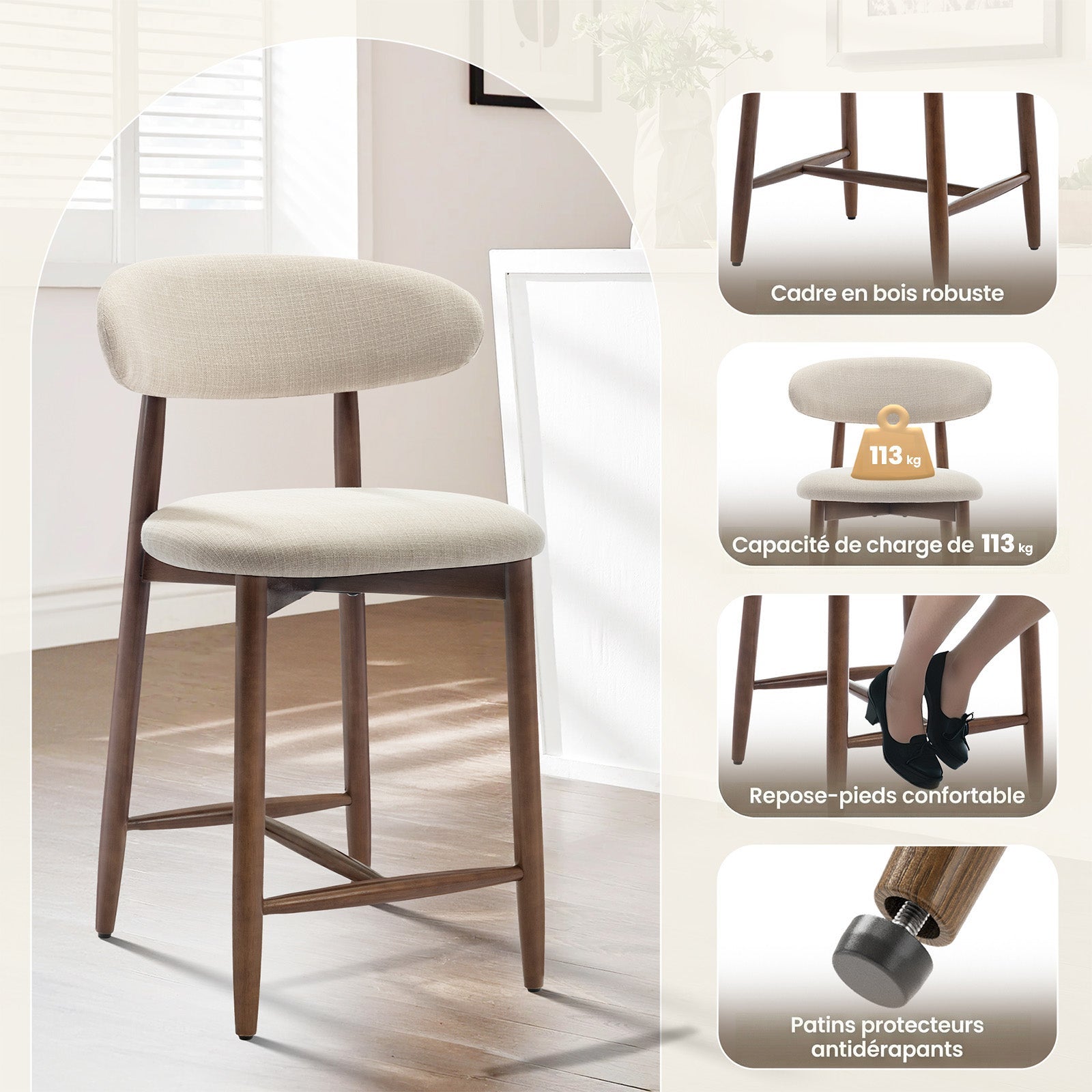 Lot de 2 Chaises de Bar Modernes, Assise Confortable en Tissu, Structure en Bois, Beige - 3