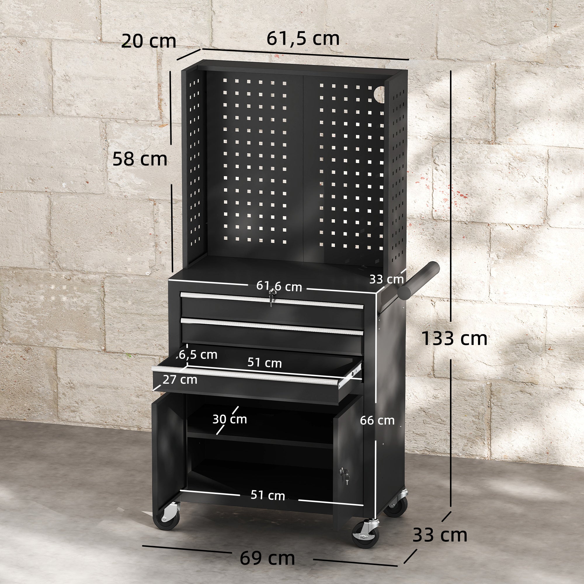 Carrinho de Ferramentas HOMCOM Aço Preto 69x33x133 cm B20-126V00BK - 3