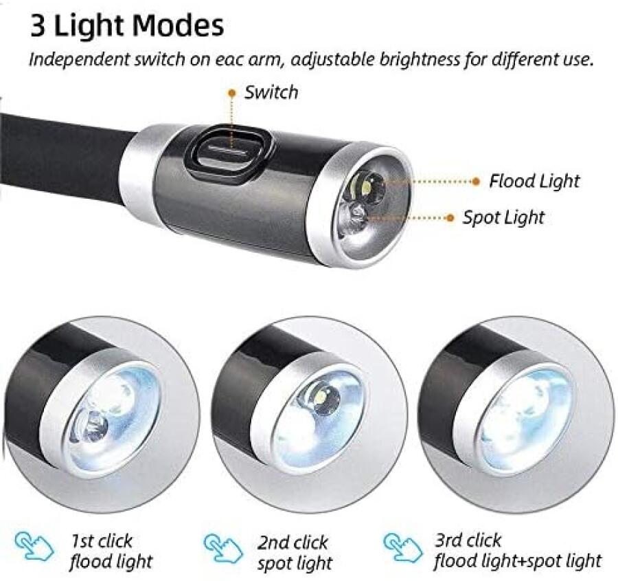 Lampe de Lecture Tour de Cou LED – Mains Libres, 3 Niveaux de Luminosité, Flexible – Idéale pour Lecture, Tricot et Voyage - 3