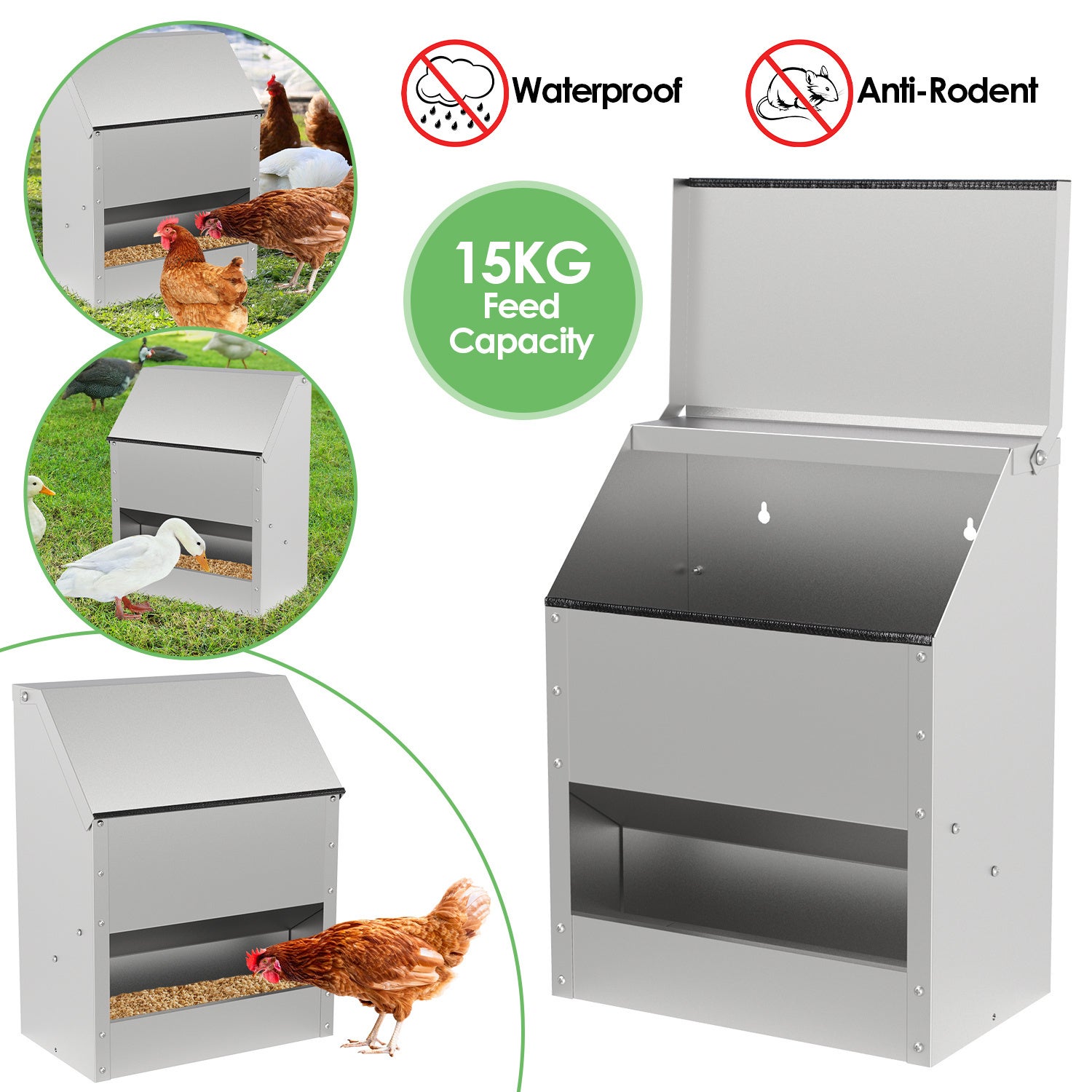 Automatyczny karmnik dla kurczaków o dużej pojemności 15 kg, ocynkowany metal, z rękawiczkami i łyżką
