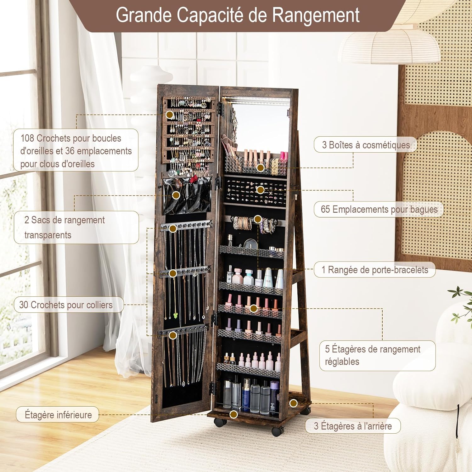 Armoire à Bijoux Mobile avec Miroir Pleine Longueur-avec Serrure-Lumières Led 3 Couleurs-Miroir de Courtoisie Intégré Café - 5