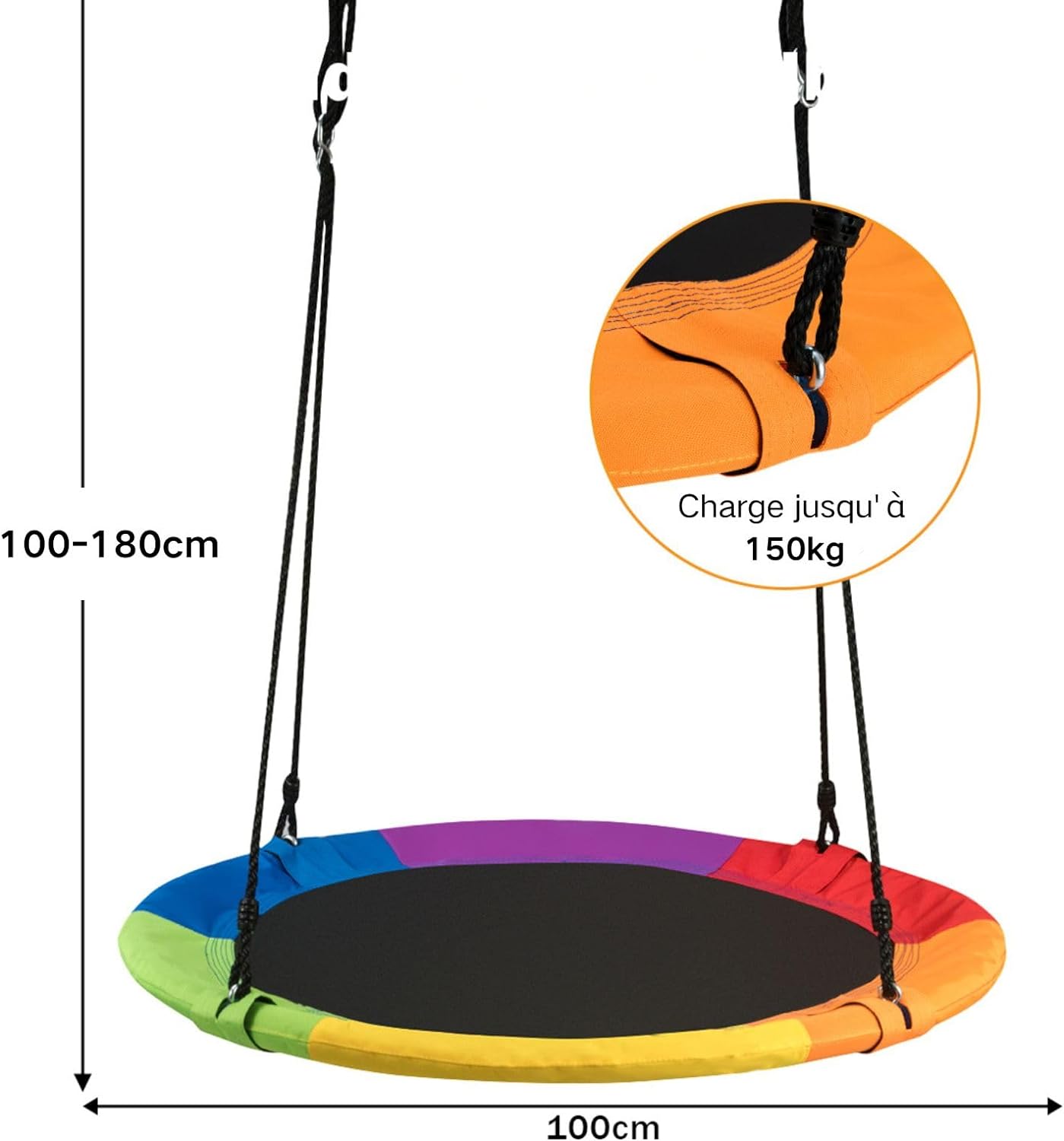 Balançoire nid d’oiseau rond 100cm de diamètre avec sangle de suspension charge 150 kg multicolore - 3