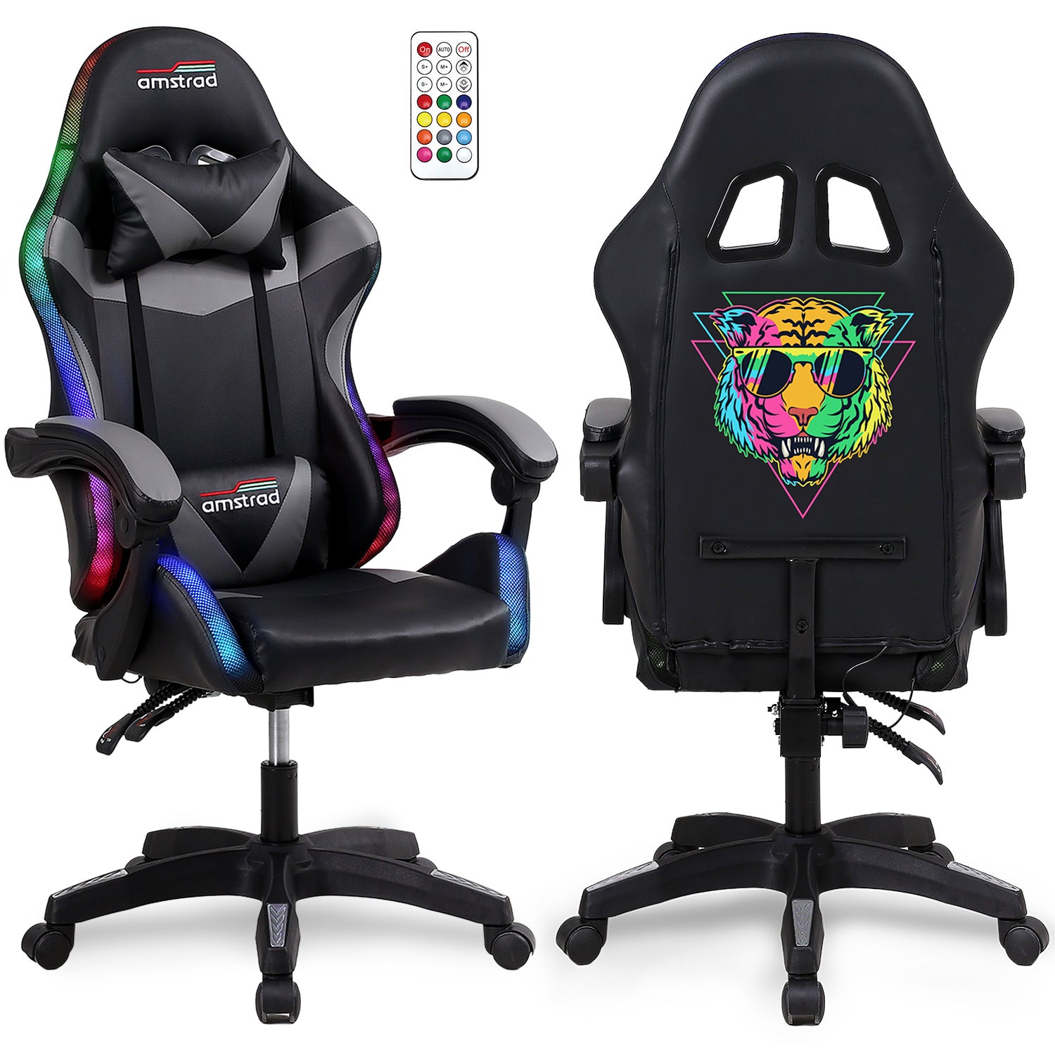 Fauteuil Gaming Amstrad Elite Avec éclairage LED - Noir Et Gris, Dossier Inclinable - 7