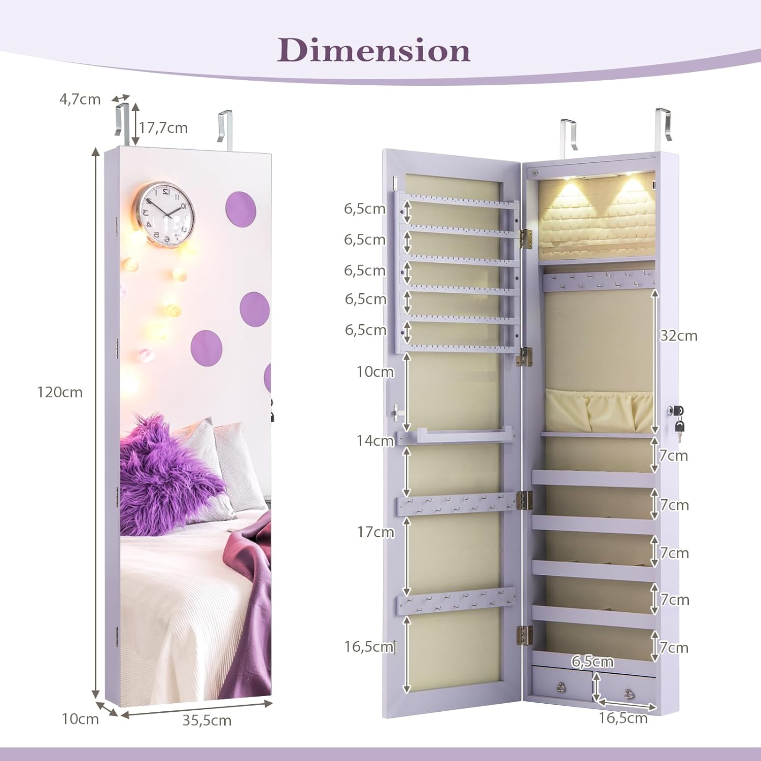 Armoire à Bijoux avec Miroir, Armoire a Bijoux Murale avec Éclairage LED, 2 Tiroirs, Fixer au Mur ou à Suspendre sur Porte (Violet) - 9