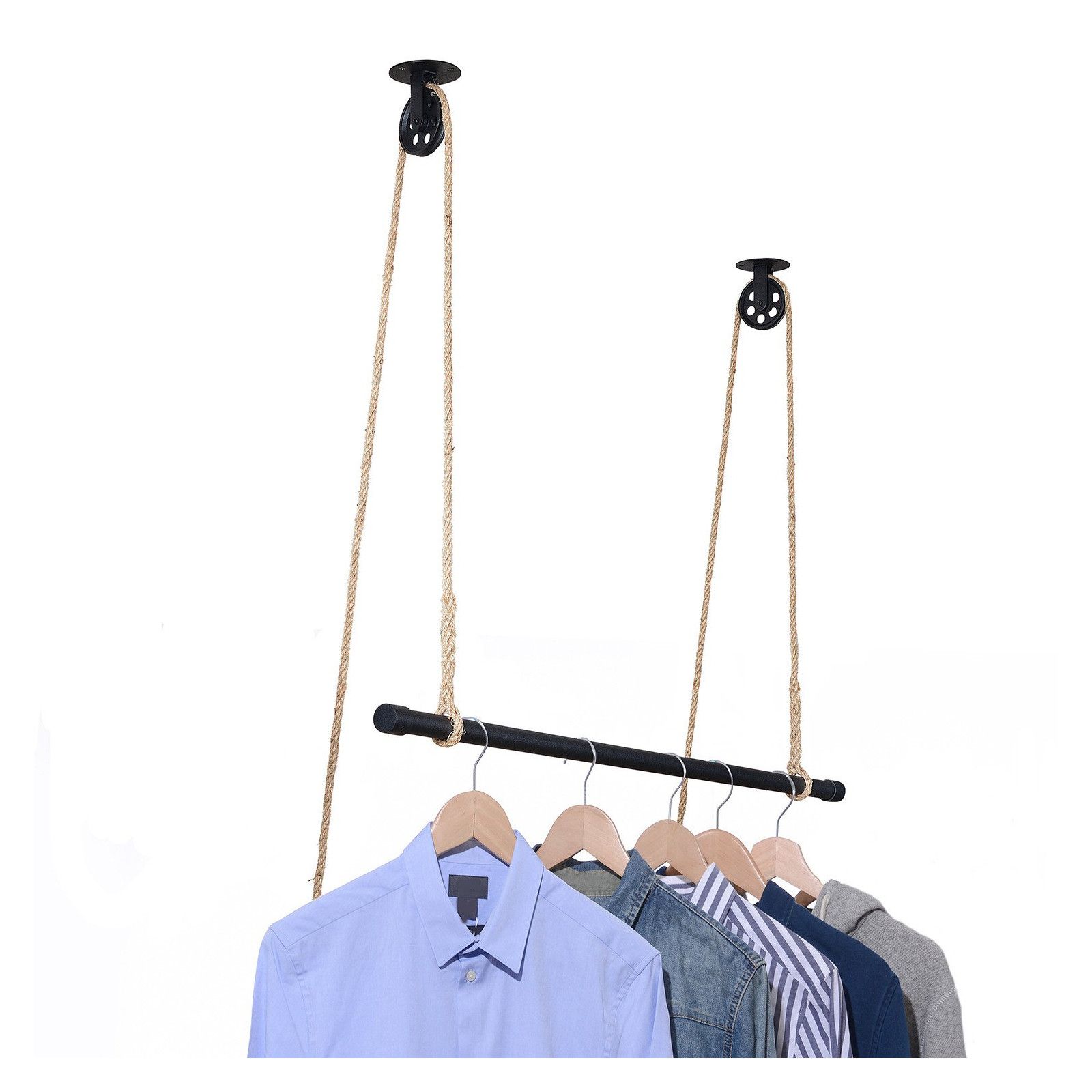 Penderie suspendue bois L100cm noir avec corde et poulie LANO - 2