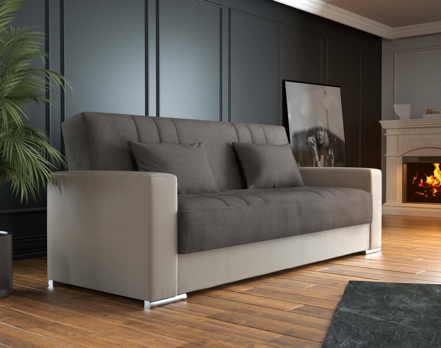 Sofá cama 3 plazas sergio, sofá contenedor en ecopiel y tela, sofá con apertura click-clack y 2 cojines, 230x96h101 cm, beige y gris
