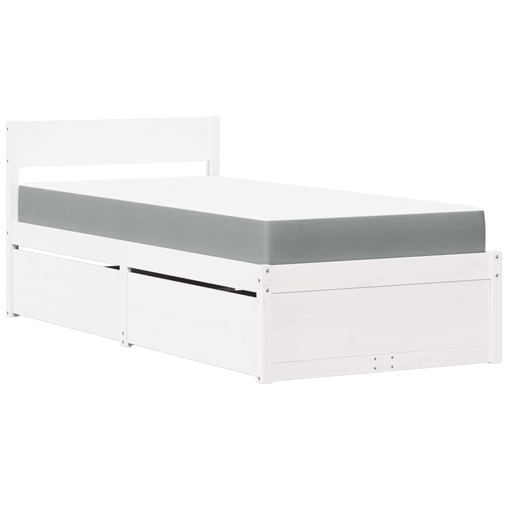Lit avec tiroirs et matelas, blanc, en bois massif de pin, pour la chambre, 90 × 200 cm - 2