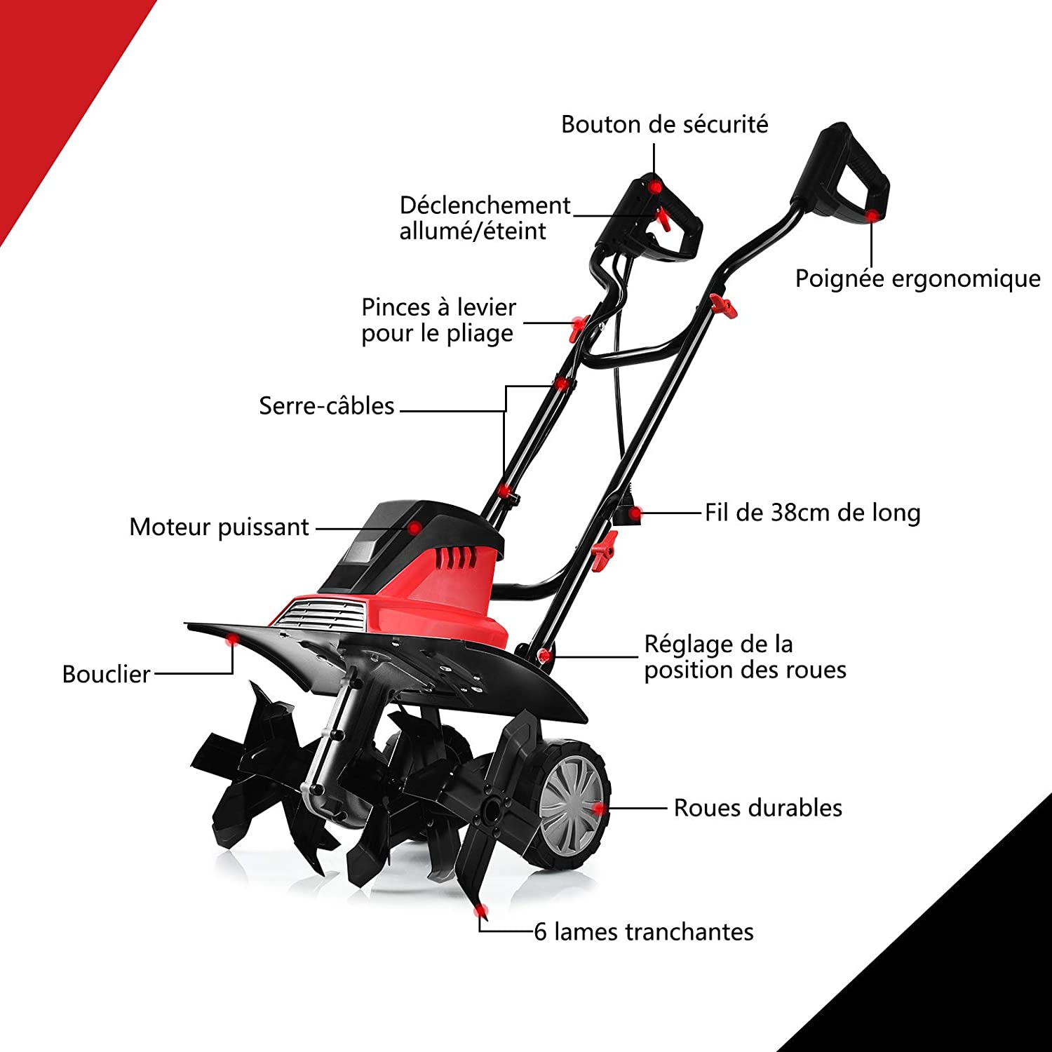 Zappatrice Elettrica Dissodatore Coltivatore per Giardino, Motozappa 230V, Rosso Nero (1500W, 45cm) - 4