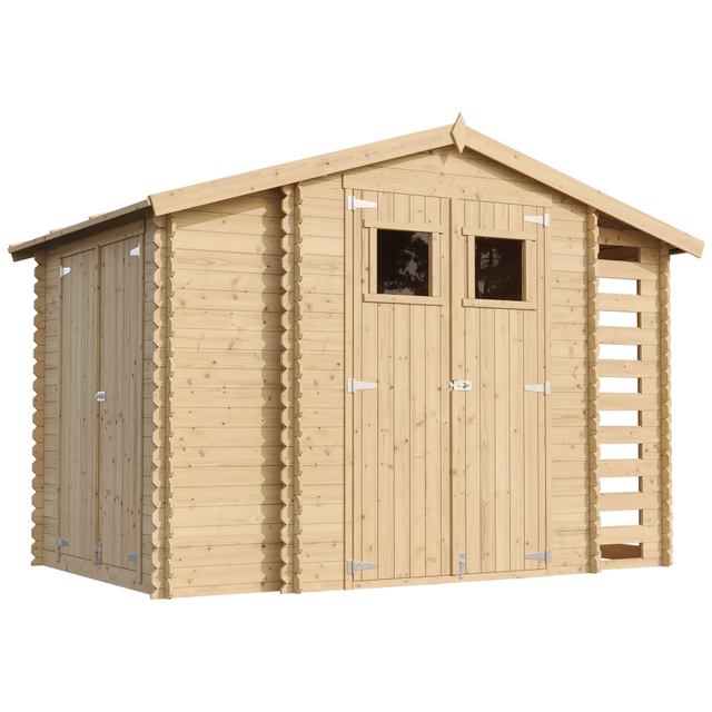 Caseta de madera para jardín con leñera y trastero - caseta de pino / abeto - H218 x 328 x 206 cm / 3,53 + 0,97 + 0,97 m2 TIMBELA M389