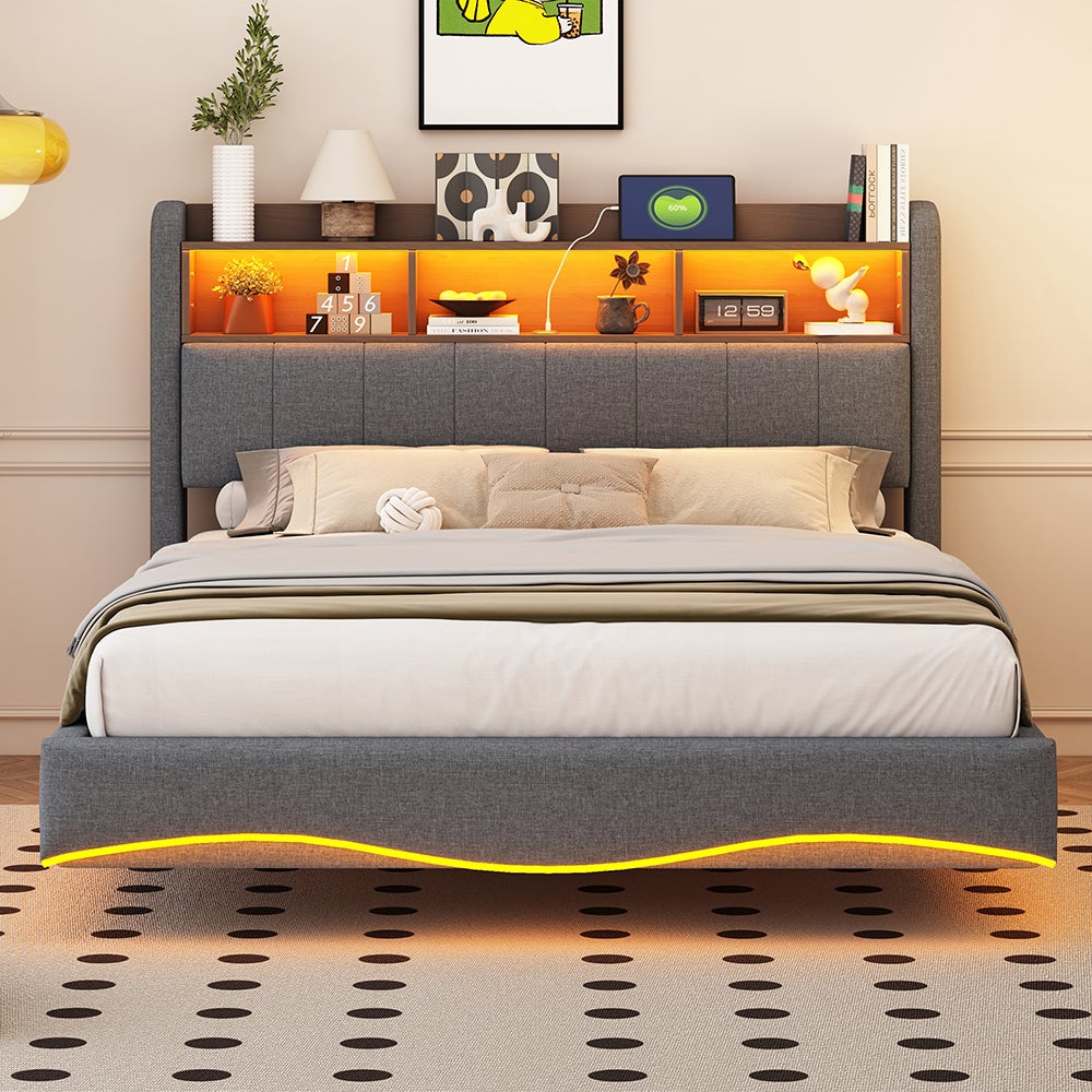 Łóżko tapicerowane 140*200 w konstrukcji podwieszanej, tkanina lniana, z oświetleniem LED, portami USB i TYPE-C, szare