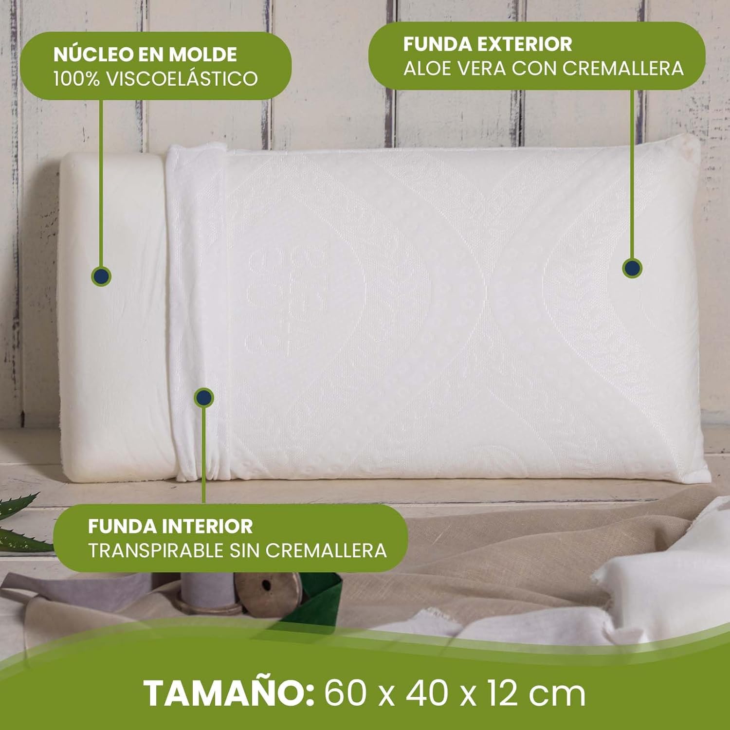 Almohada Viscoelástica 60 cm - Tejido Aloe Vera- Adaptable al Cuello - Doble Funda con Cremallera - Anti ácaros y Anti bacterias - Termorreguladora - 2