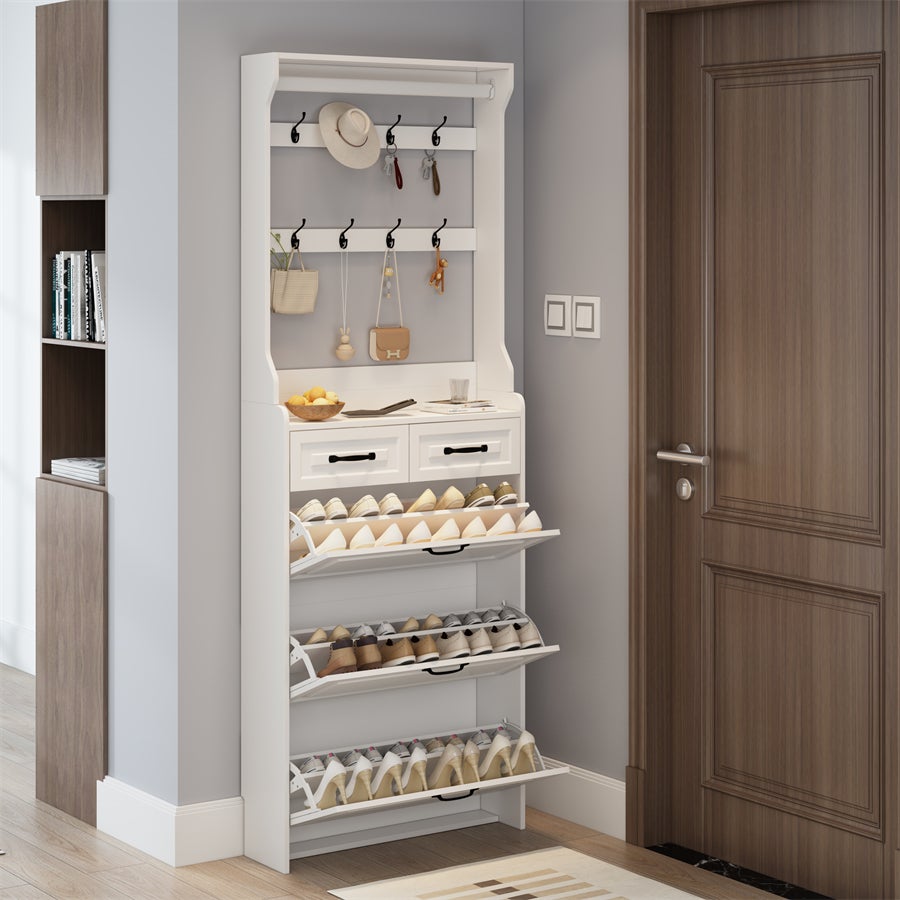 Scarpiera con appendiabiti, bianca, 3 ante e 2 cassetti, pratica e componibile - 3