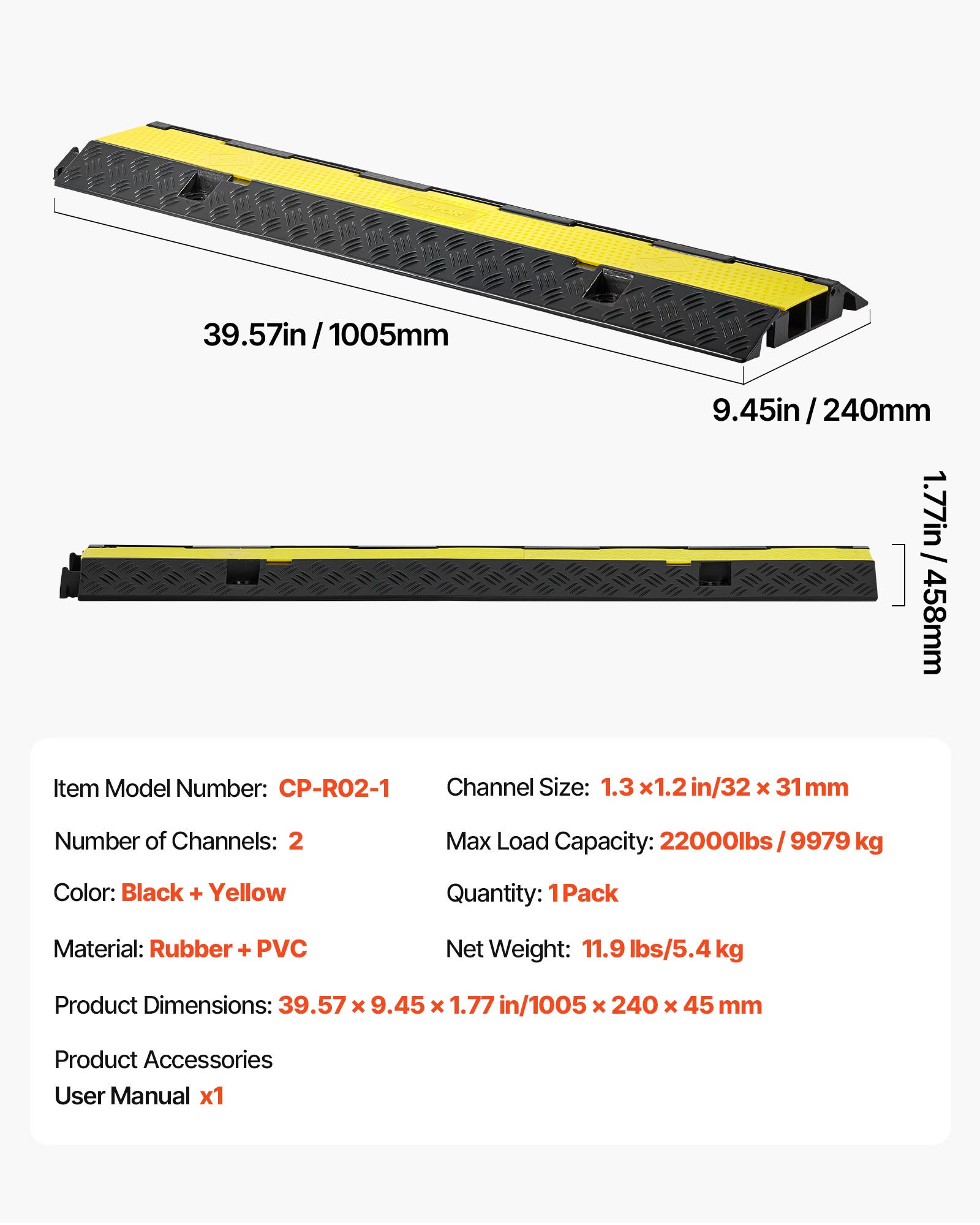 Rampe passe-câbles VEVOR, caoutchouc, 2 canaux 32×31 mm, charge 9 979 kg, couvercle rabattable, usage intérieur/extérieur - 7