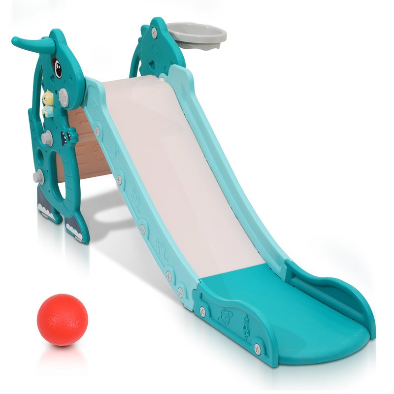 Tobogán Infantil Plegable Para Interior Y Exterior Con Canasta De Baloncesto – Diseño Gris Elefante, Para Niños De 1 A 3 Años
