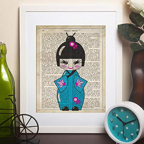 Poster de japonesa kimono azul. láminas de geishas. diseños japoneses con definiciones de la cultura japonesa. marco negro - a3