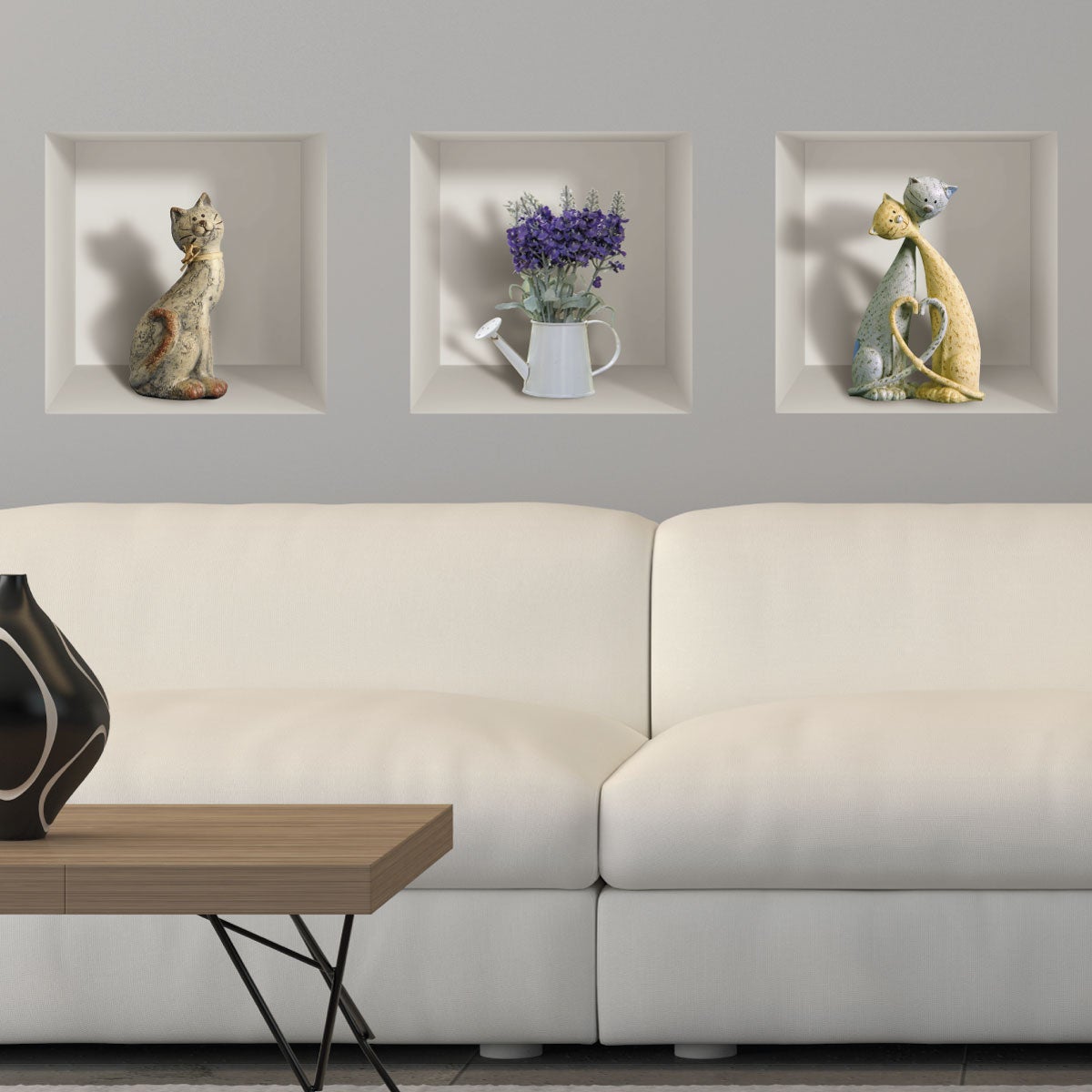 Vinilo efecto 3d diseño de gatos y ramo lila - adhesivo de pared - revestimiento sticker mural decorativo - 40x120cm