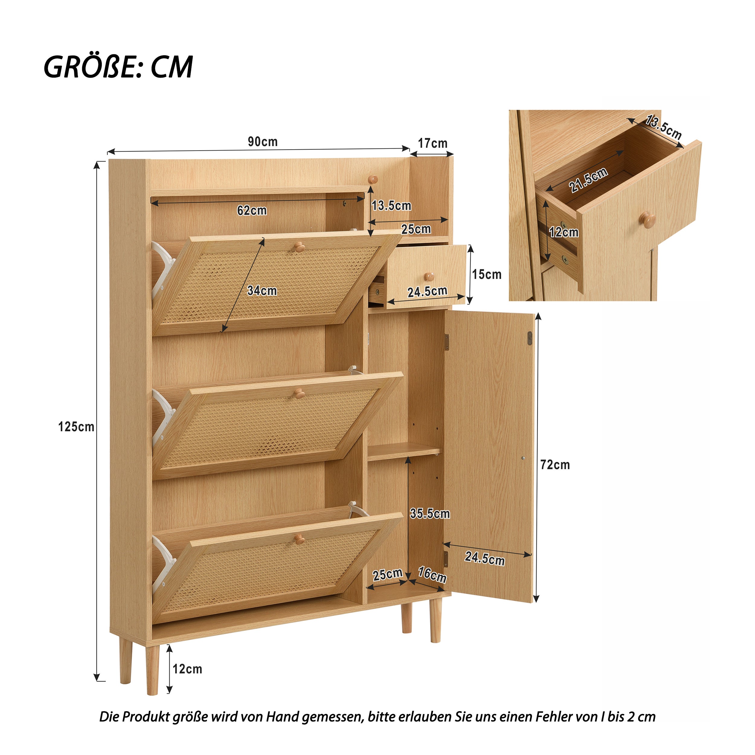 Armoire à chaussures en rotin, 3 portes battantes et 1 tiroir avec pieds et poignées en bois massif, dimensions: B90 / h125 / t17 cm - 3