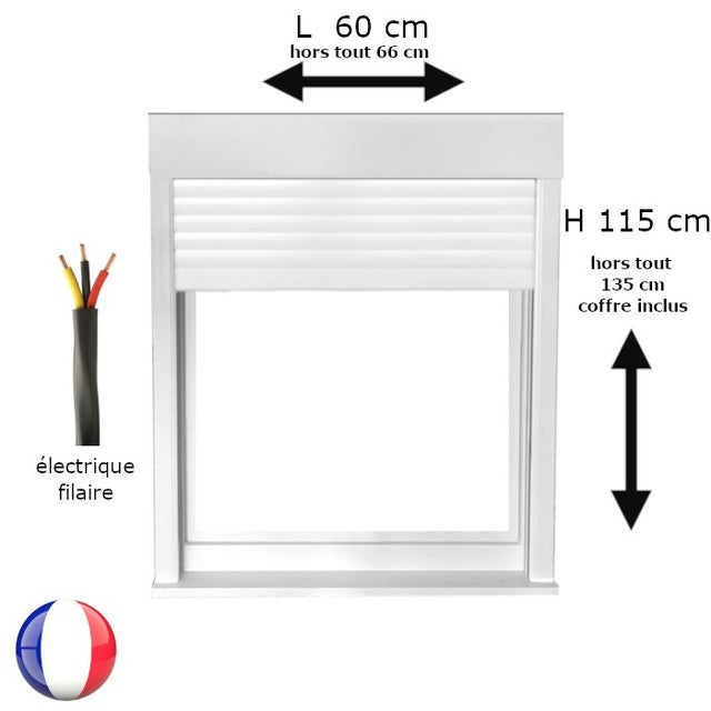Fenêtre PVC 1 vantail avec volet roulant électrique H 115 x L 60 cm pour pose en neuf - tirant droit