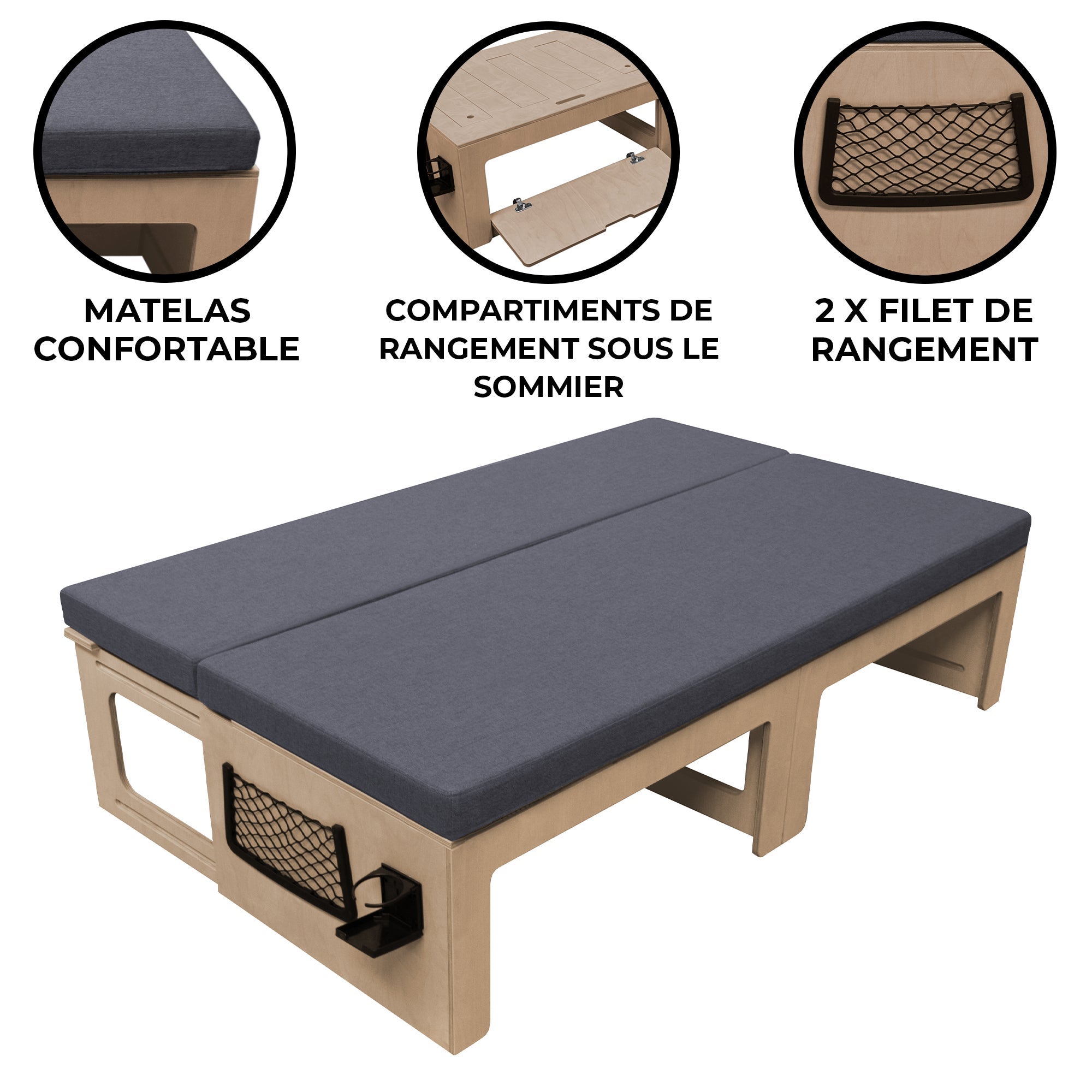 Canapé-Lit Sommier à Latte en Bois contreplaqué Sofa Clic-Clac pour Camping-Car Caranave Van Aménagé - 2 personnes - 180 - 2