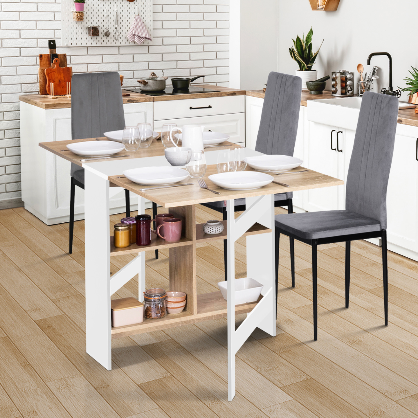 Table console pliable EDI 2-6 personnes avec rangements bois blanc plateau façon hêtre 150 x 80 cm - 4