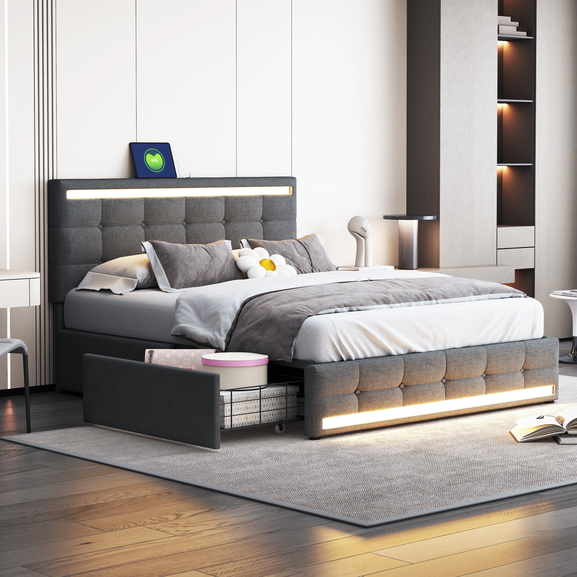 Łóżko tapicerowane 140 x 200 cm z wezgłowiem i 4 szufladami - Gniazda USB i LED - Tkanina lniana i metal - Szare (Bez materaca)