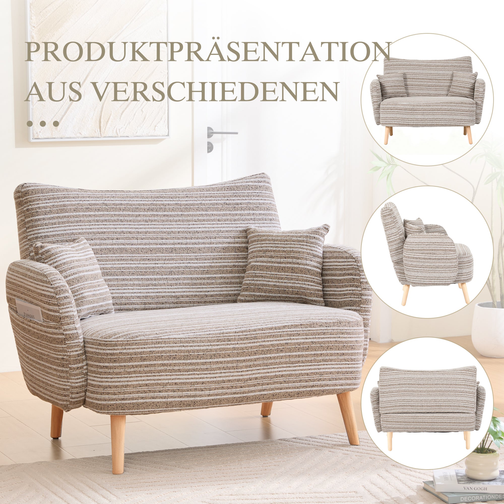 Canapé 2 places moderne avec poches de rangement, petit sofa profond avec accoudoirs rembourrés pour appartement et chambre, canapé droit chic, Beige - 9