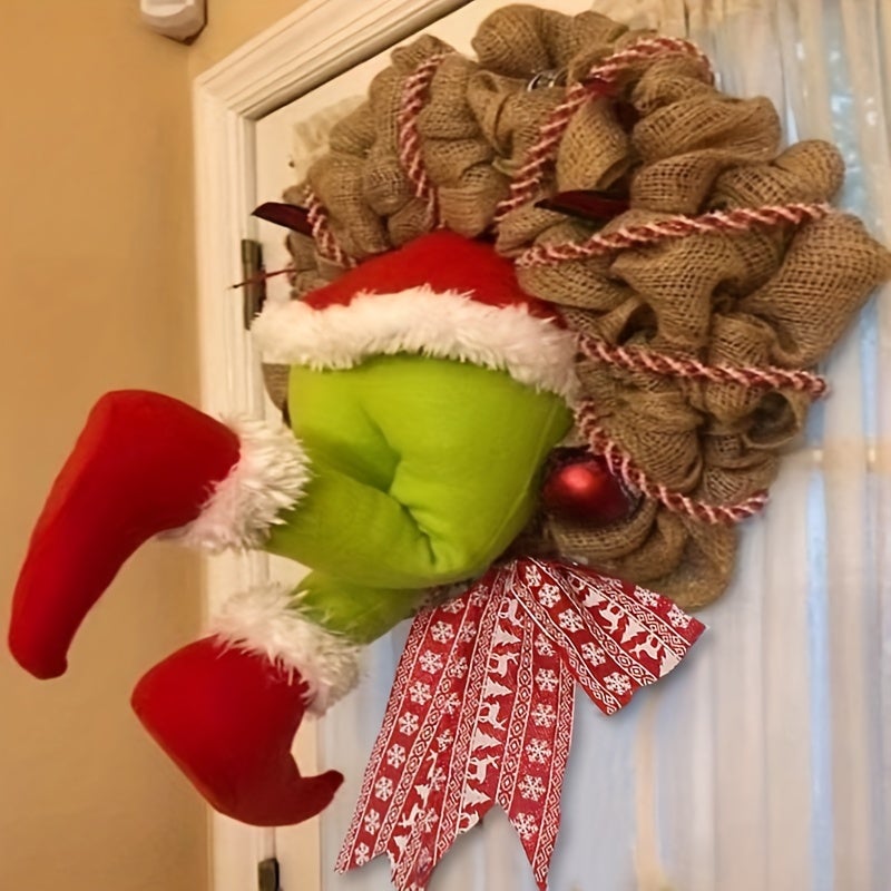 Coroa de natal ladrão de 45cm, pernas de peluche, decorações de natal, grinalda de hesse de natal, decoração de grinalda de natal - 9