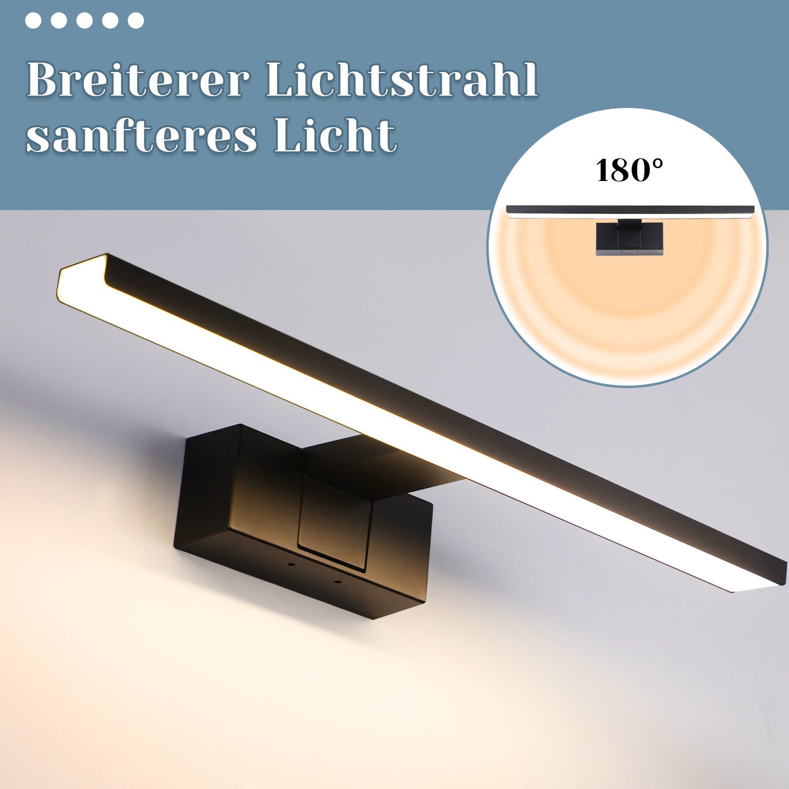 NETTLIFE Aplique de baño LED, lámpara de Espejo LED, lámpara de Armario IP44, luz Blanca neutra Moderna 4000k MAX.8W, 40×5,1×12,8 cm, Negro - 3