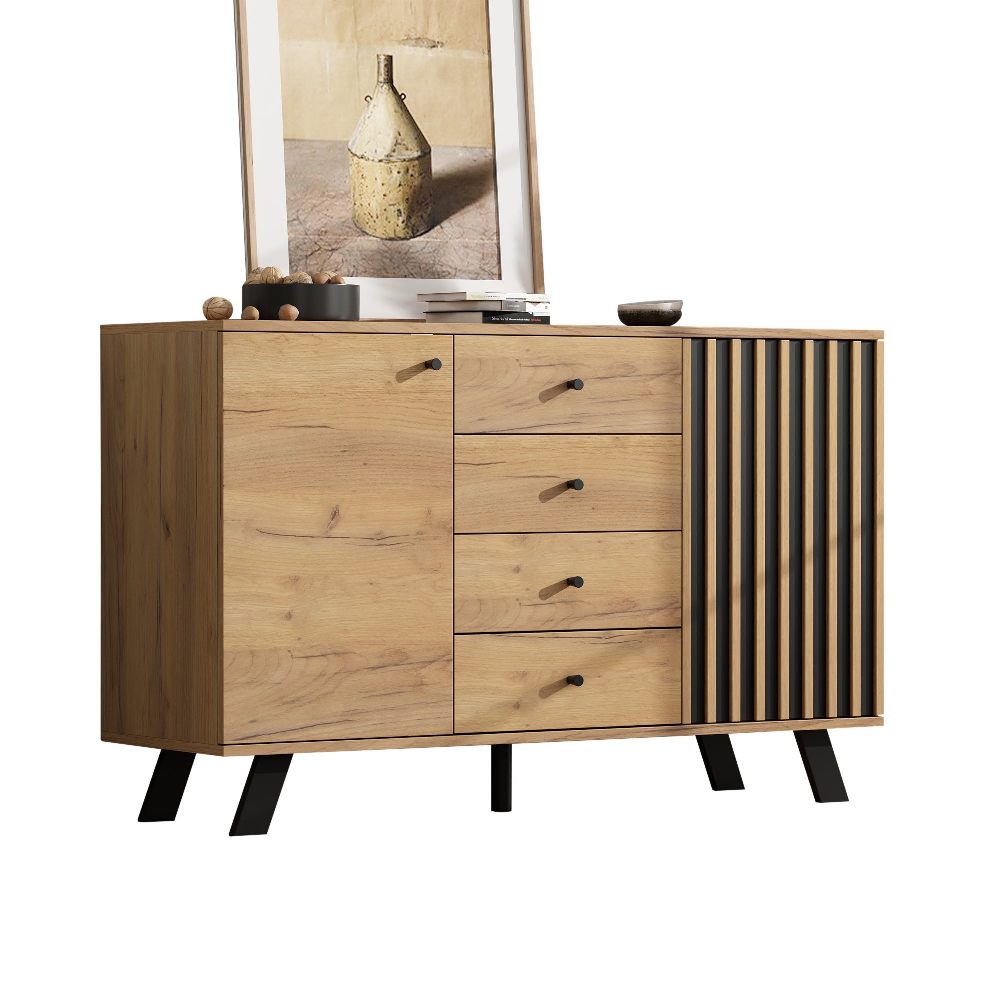Buffet avec 2 portes et 4 tiroirs - 120 x 38 x 75 cm - MDF + pieds en bois massif - Noir + Naturel - 7