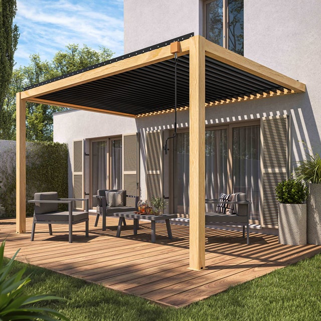 Pergola bioclimatica addossata 3 x 4 m con decoro legno - Oviala