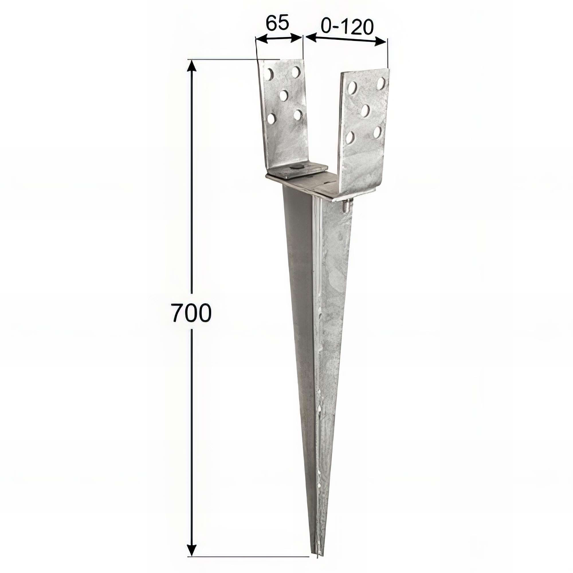 Pied de poteau en U zingué à enfoncer - Largeur réglable de 0 à 120 mm - 0-120 x 65 x 700 x 2,0 mm - 2