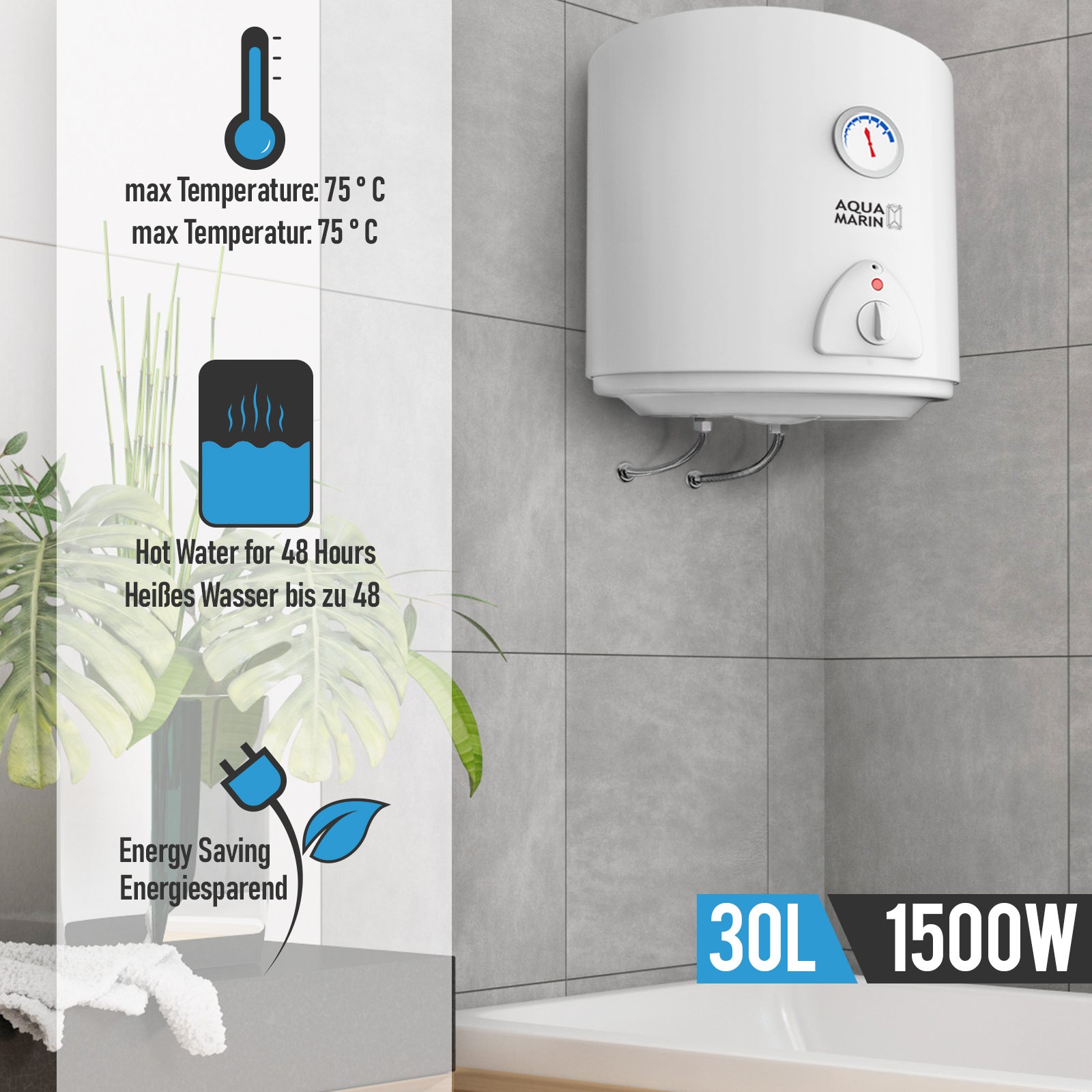 Aquamarin® Chauffe Eau Electrique Capacité 30L, 220240V, 1,5kW, Max — free download