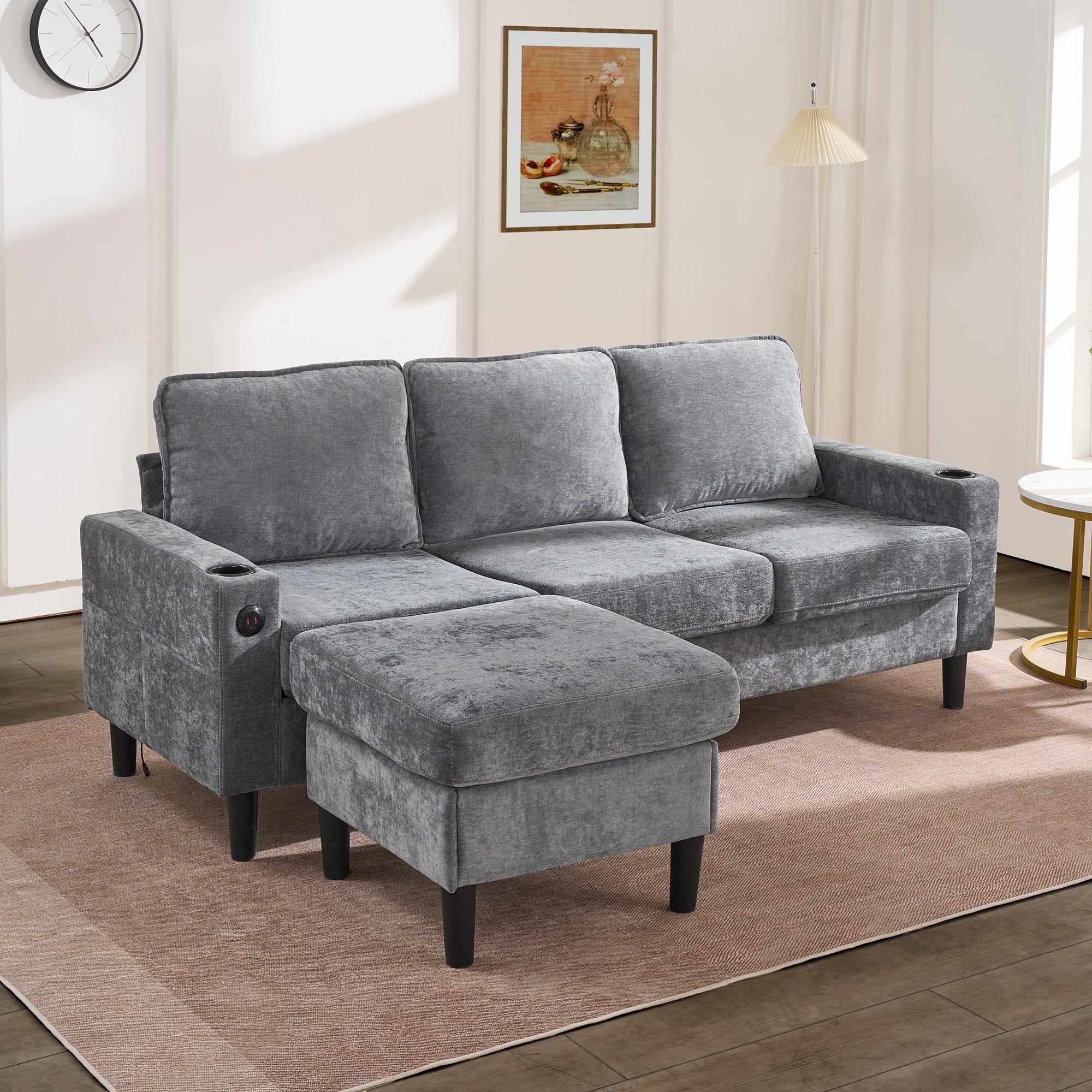 Canapé rembourré avec ports USB et Type-C, canapé 3 places avec deux porte-gobelets - Canapé-lit en L, gris, lin - 2