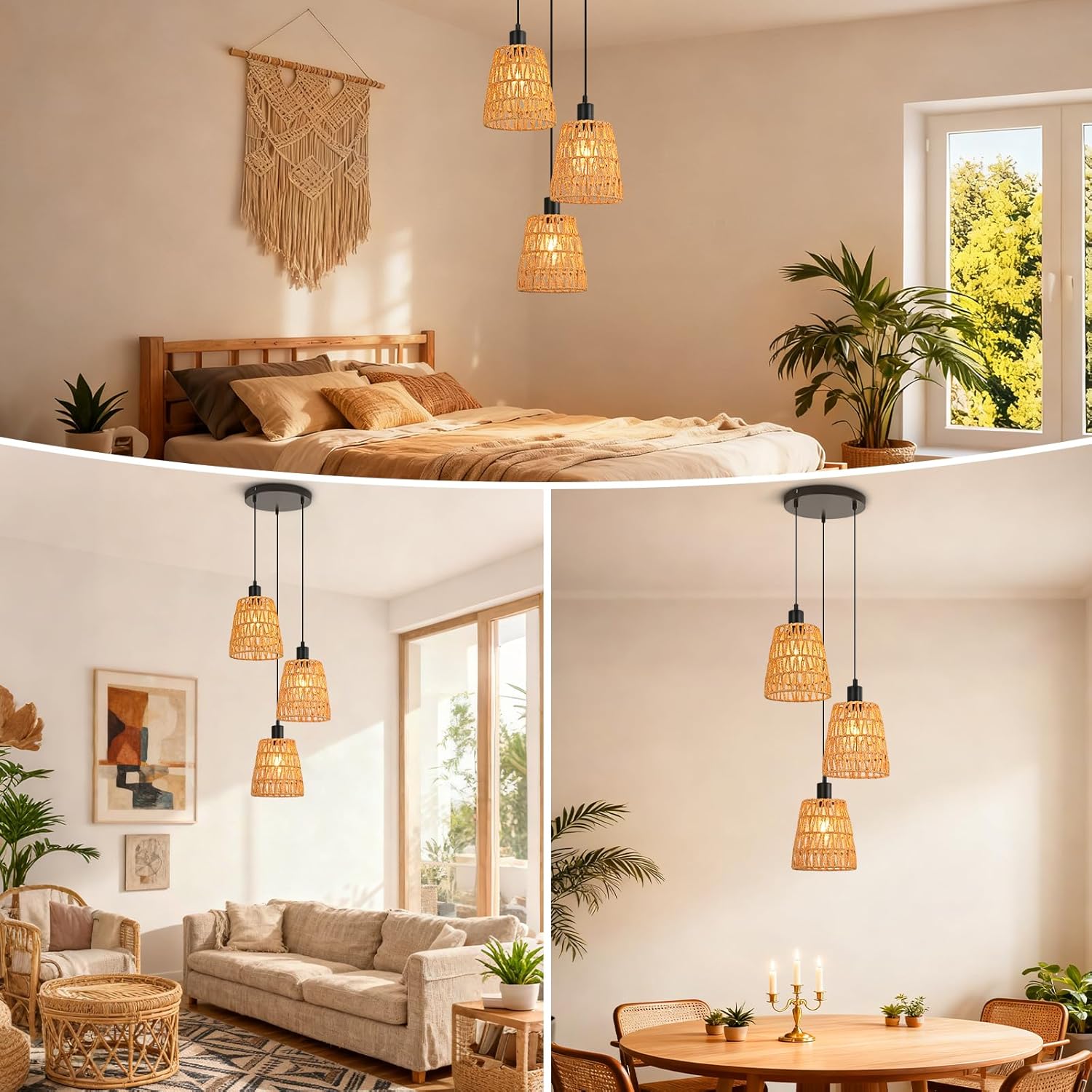 Lampa wisząca Nettlife Boho Rattan z 3 żarówkami – żyrandol z plecionej liny konopnej w stylu vintage, E27 (żarówki nie są dołączone) - 6