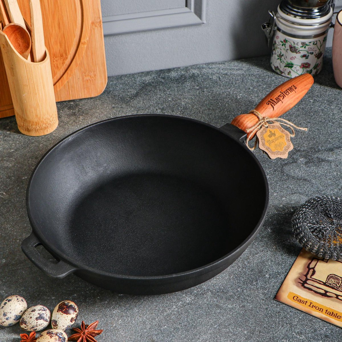 Padella In Ghisa 26 Cm Con Manico In Legno Rimovibile – Adatta A Induzione, Casseruola Durevole Peso 2 Kg - copertina