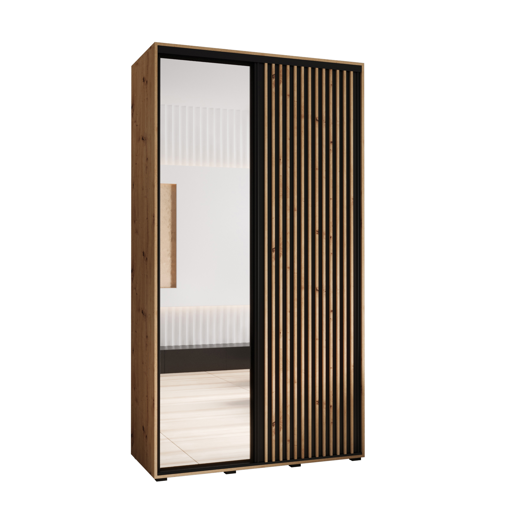 Szafa przesuwna z lustrem wysoka Lanko 2 130 x 45 x 235,2 cm artisan + czarny + lamele artisan - Abiks Meble