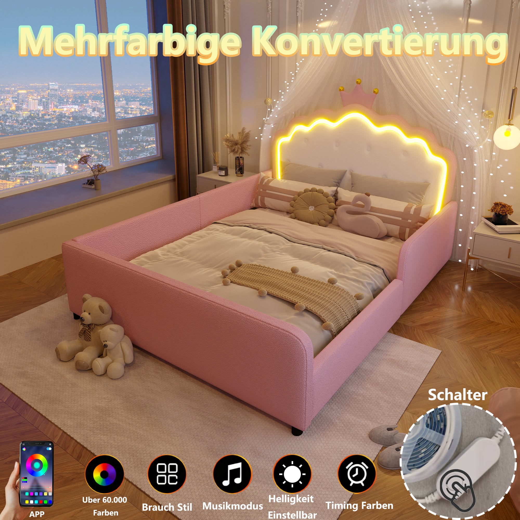 Lit enfant 140×190 cm avec lumière LED, Lit double rembourré,avec tête de lit princesse en forme de couronne, Tissu PU,Rose(matelas non inclus) - 4