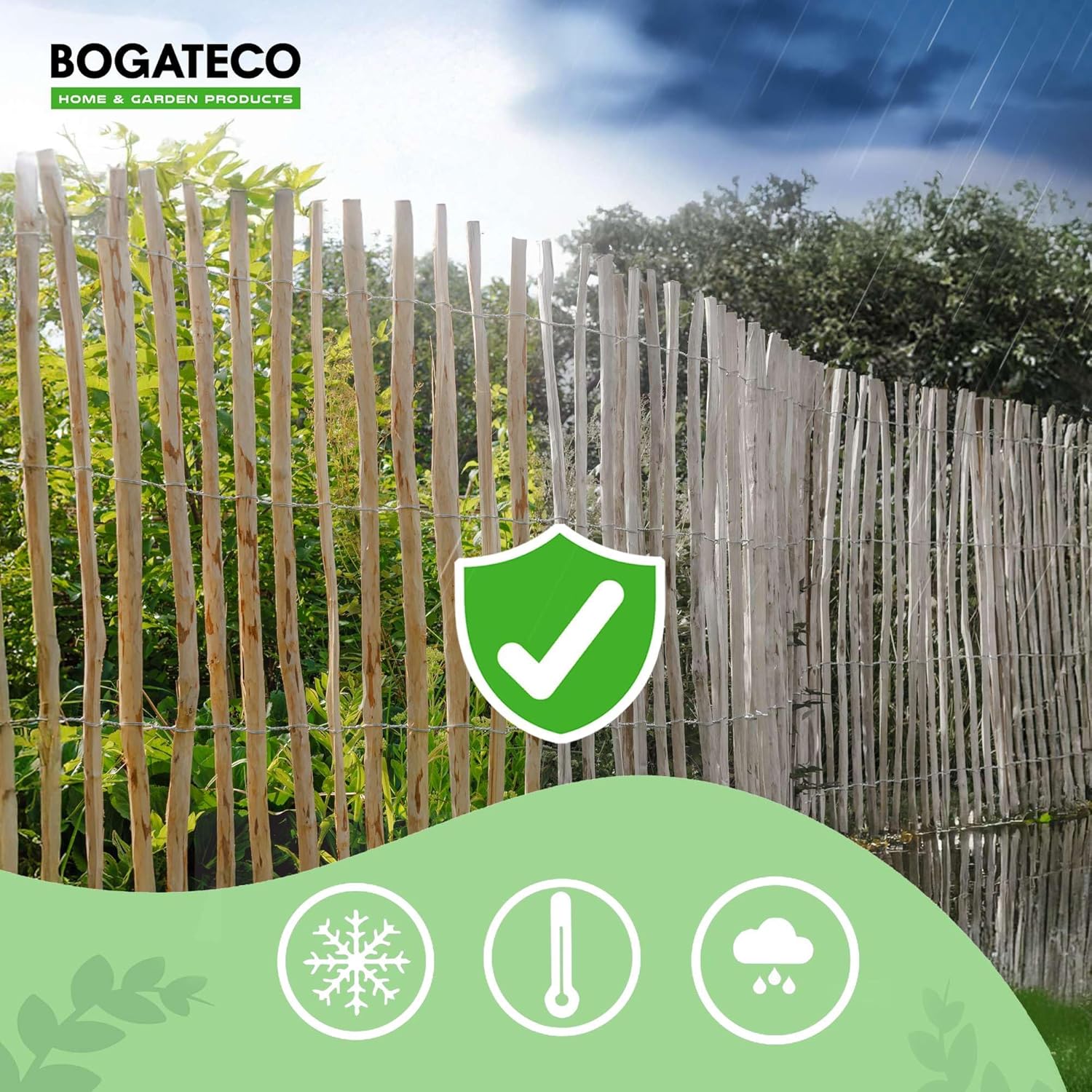 BOGATECO Clôture à piquets en bois de châtaignier noisetier 60 cm de haut x 500 cm de long | Espacement des lattes 4-5 cm | Durable - 10