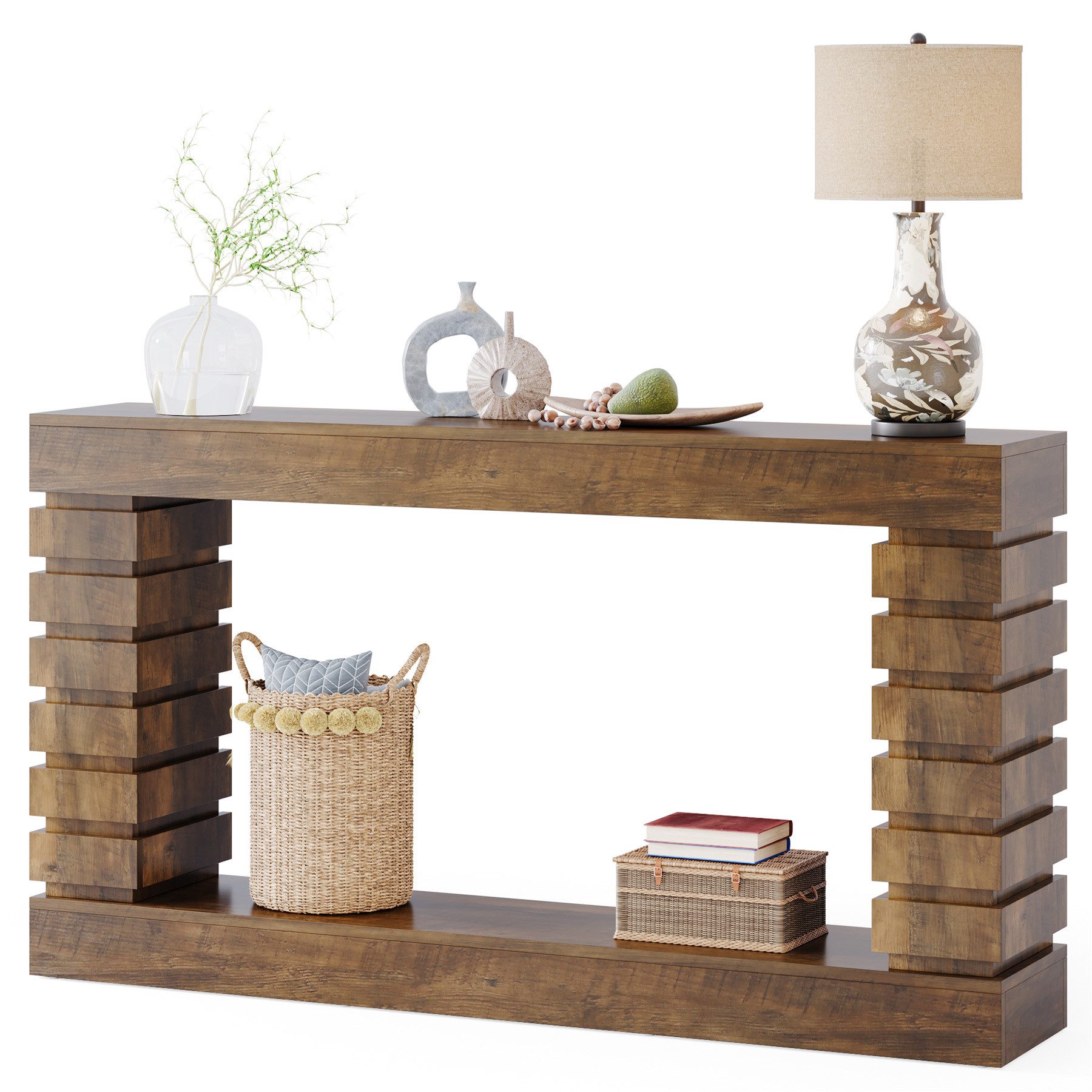 Table Console 160 Cm Avec 3 étagères - Style Campagne En Marron - Pour Entrée, Salon, Derrière Canapé - En MDF Robuste