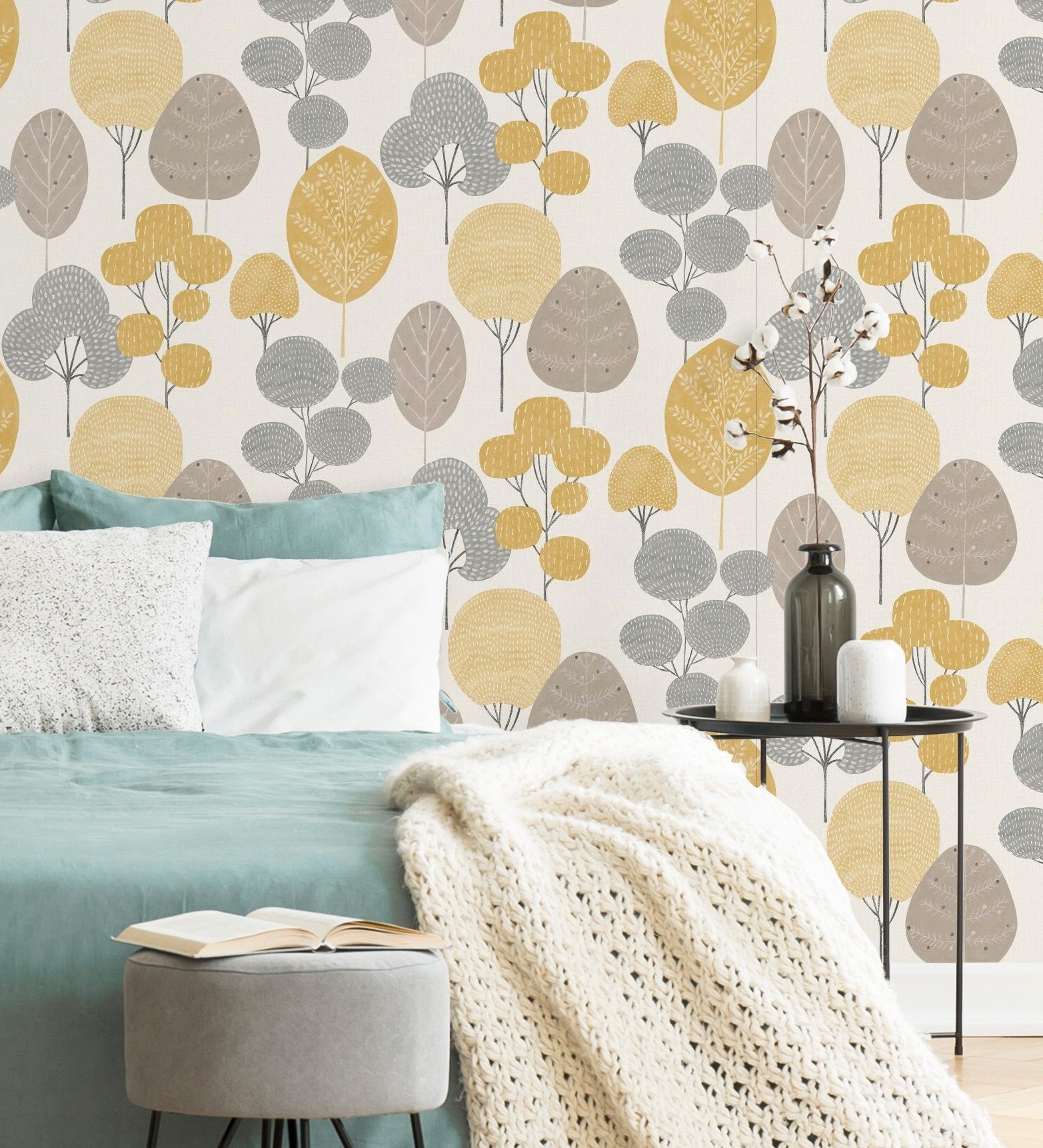 Carta da parati lavabile di alberi grigi e senape in bosco nordico - Memorial Park 680924 di GAULAN - Rotolo di 10 m x 0,53 m - 4