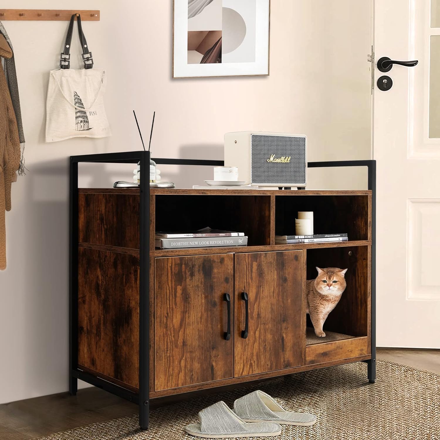 Meuble Litiere Chat Griffoir Amovible Industriel, 89x45x74,5cm Café - 9