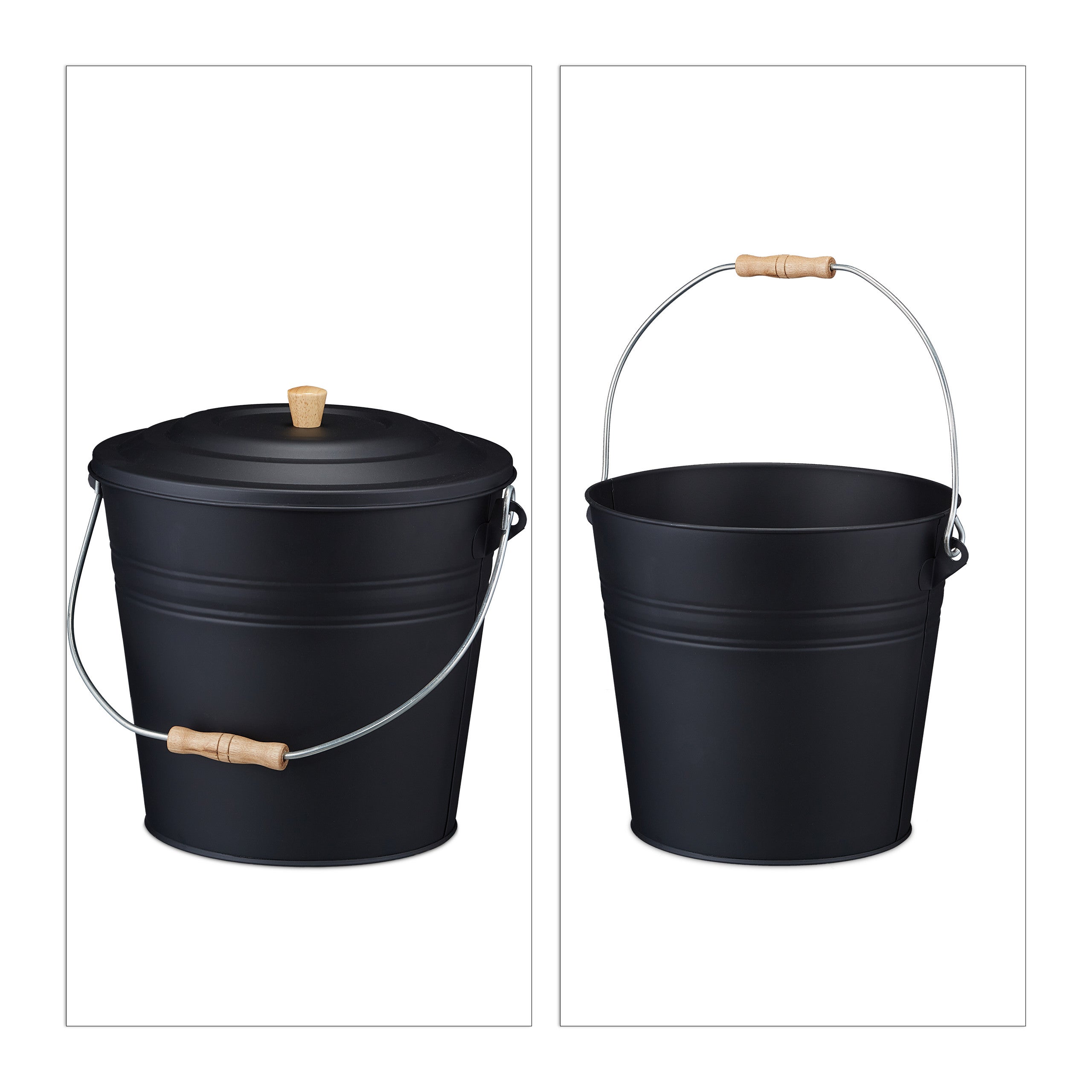 Cubo Cenizas con Tapa, 12 Litros, Accesorio Chimenea, BBQ, Acero y Madera, Contenedor Ceniza con Asa, Negro, Relaxdays - 6