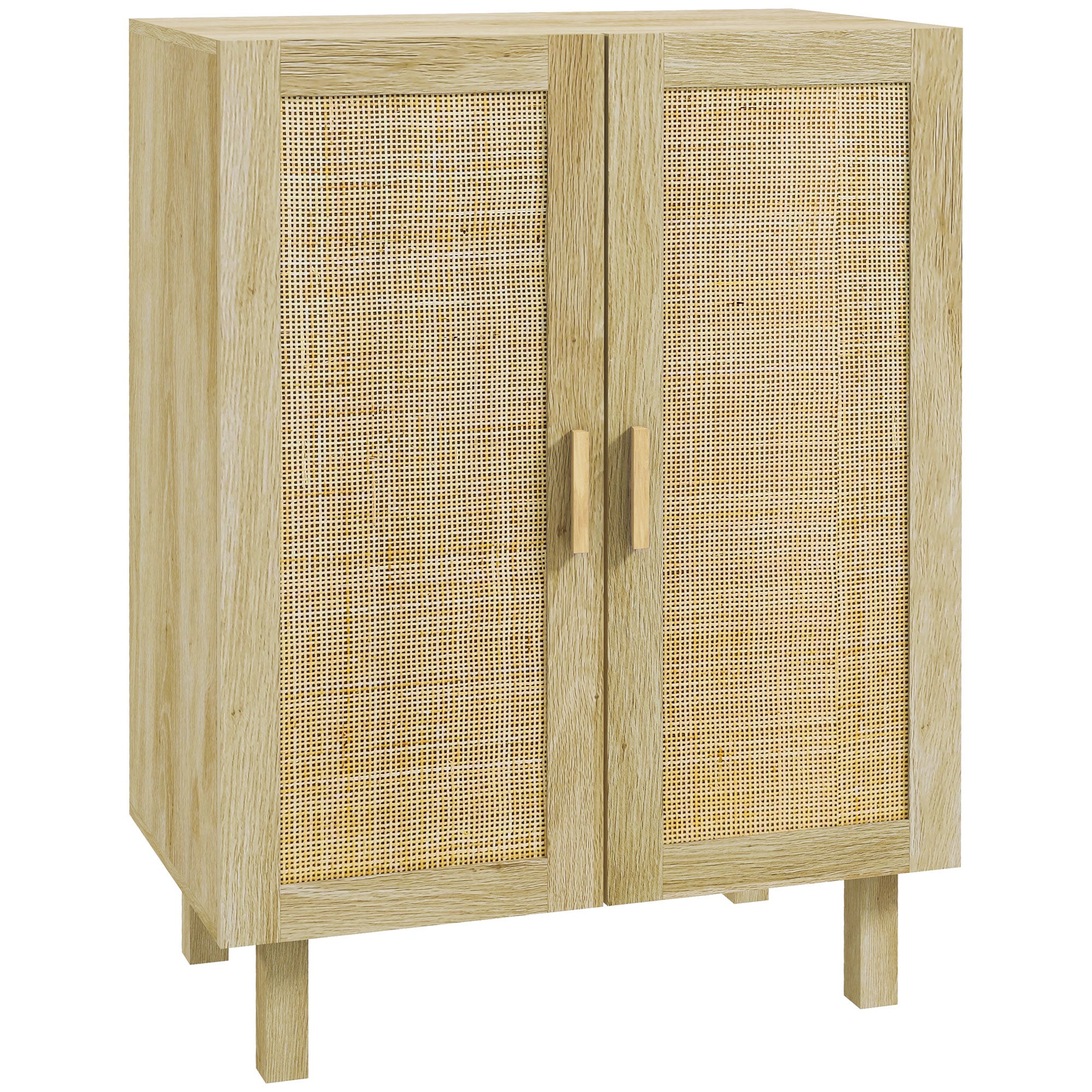 Wysoki bufet w stylu boho, podwójne drzwi i 3 półki z rattanu - 73 x 41 x 102 cm