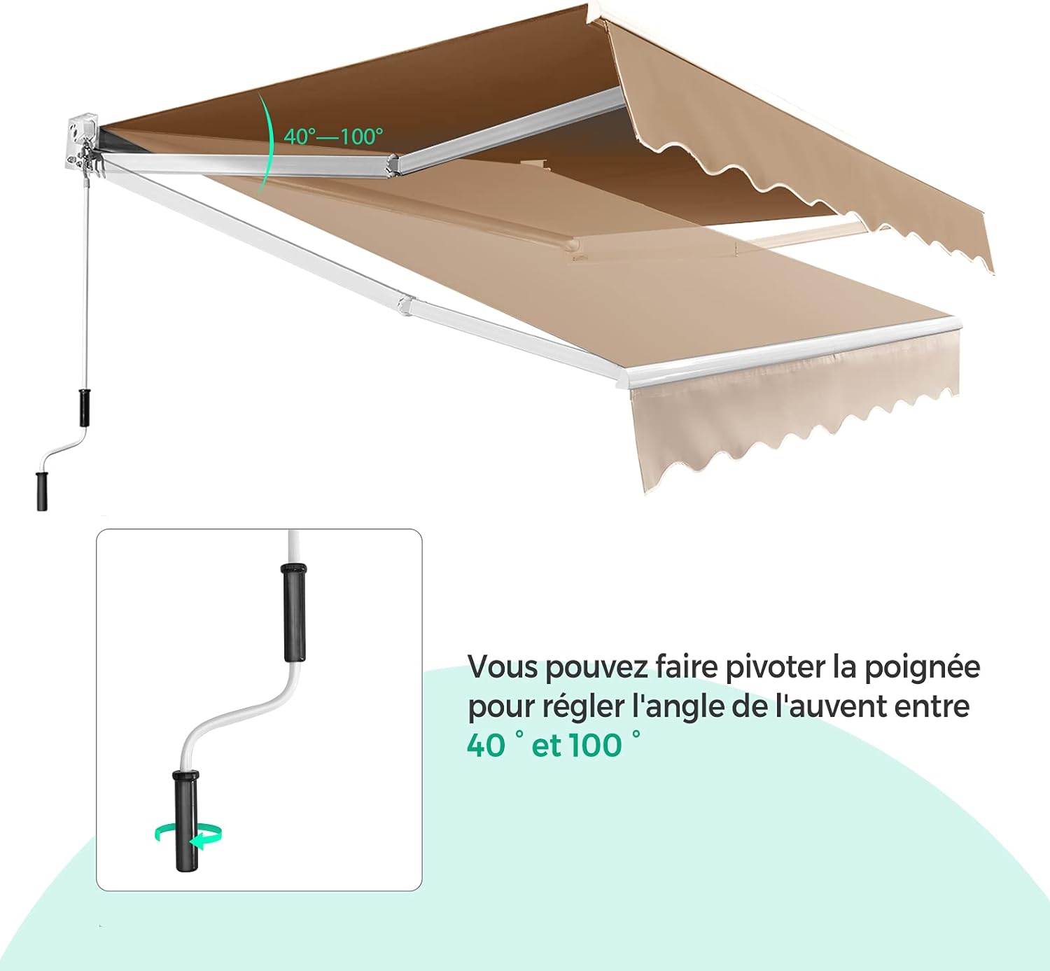 Toldo Retrátil com Manivela, Toldo Manual com Revestimento em PA e Estrutura em Alumínio Resistente para Guarda-Sol, Varanda, Jardim (295x250cm, Bege) - 6