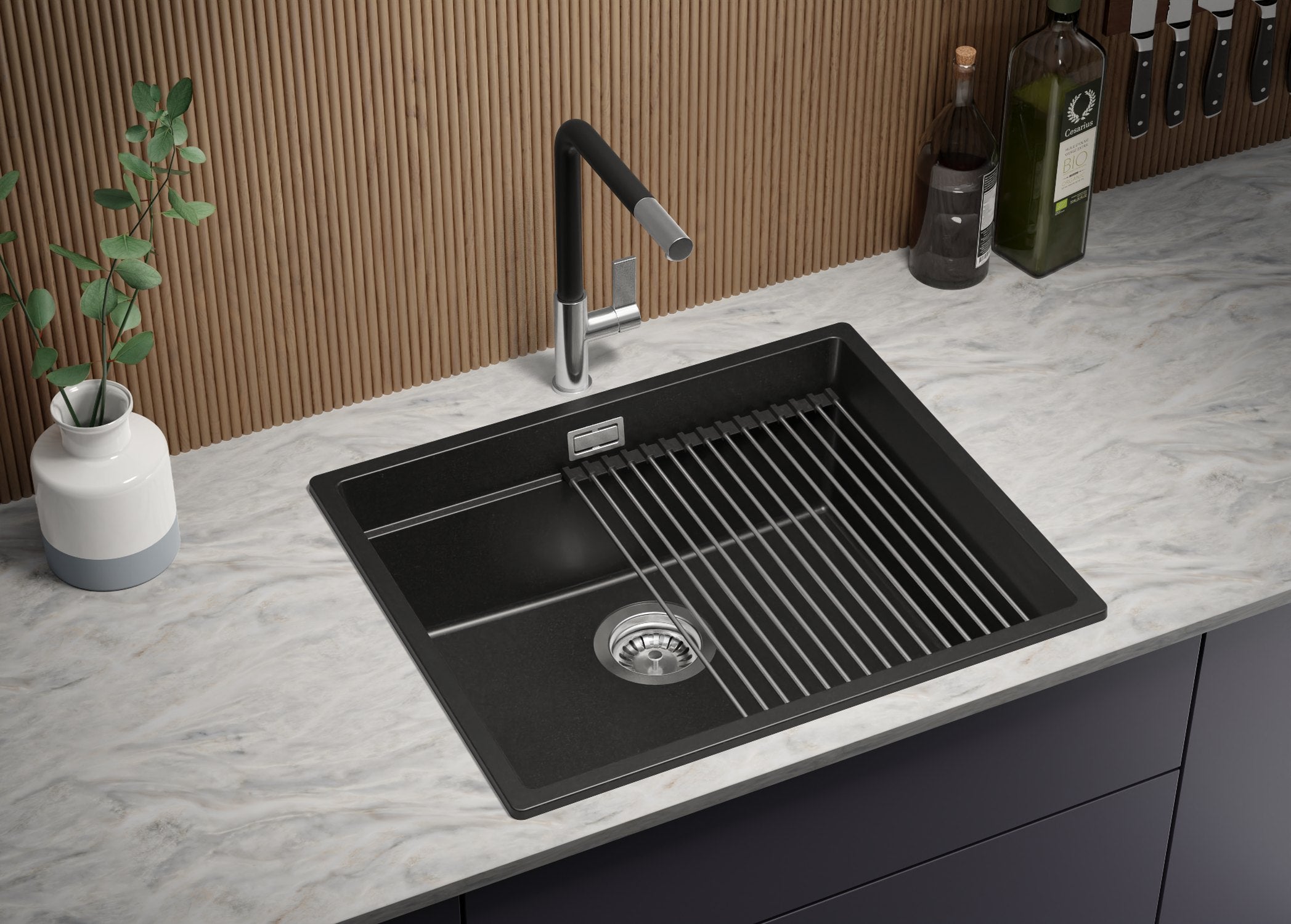 Lavandino da Cucina Nero 56x47cm, Lavello in Granito a 1 vasca + Sifone Classico + Accessori, Lavabo da Cucina Incasso al mobile 60cm PRIMAGRAN - 2