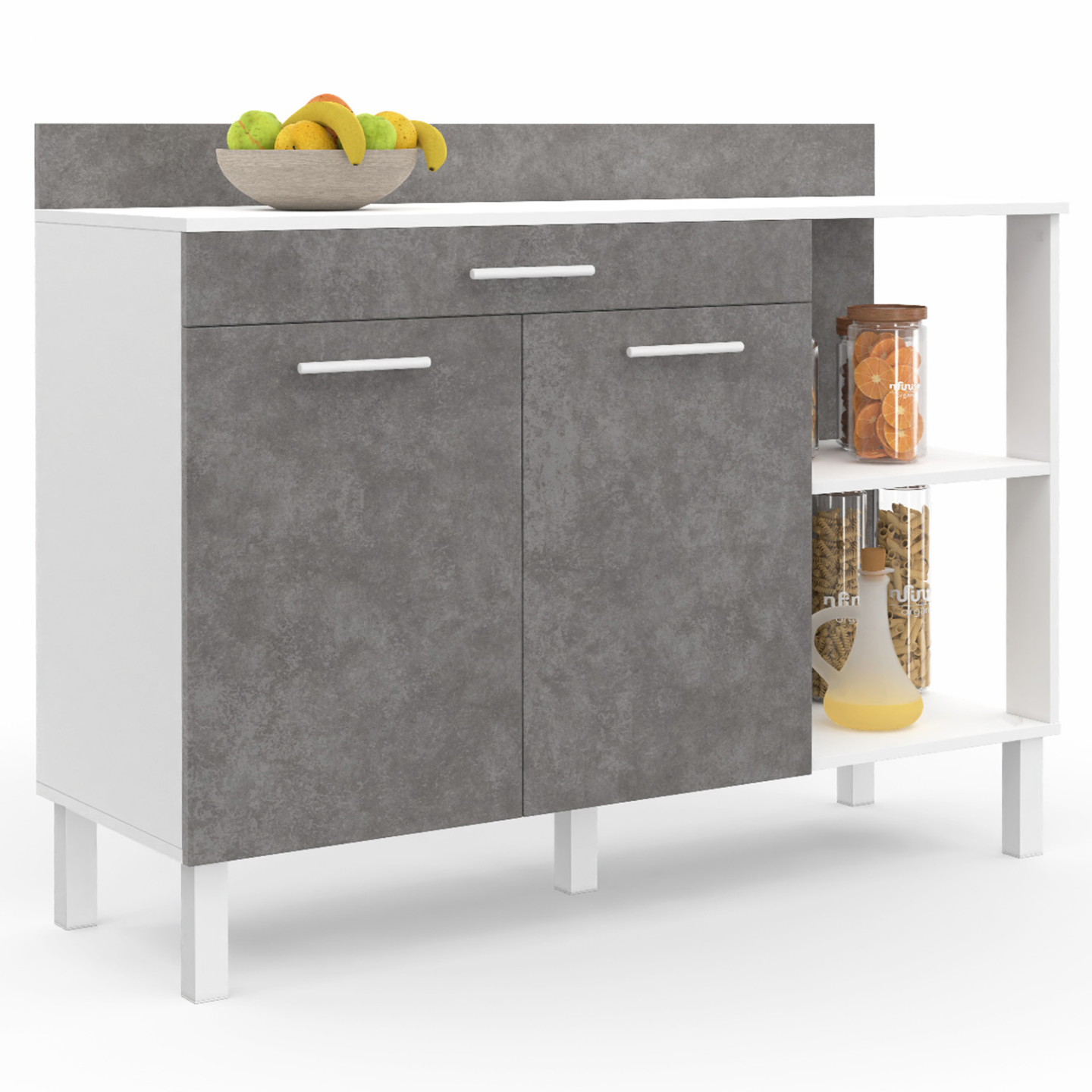 Buffet bas de cuisine 120 cm CINA plan de travail H.83 cm 2 portes + tiroir blanc et effet béton - 2