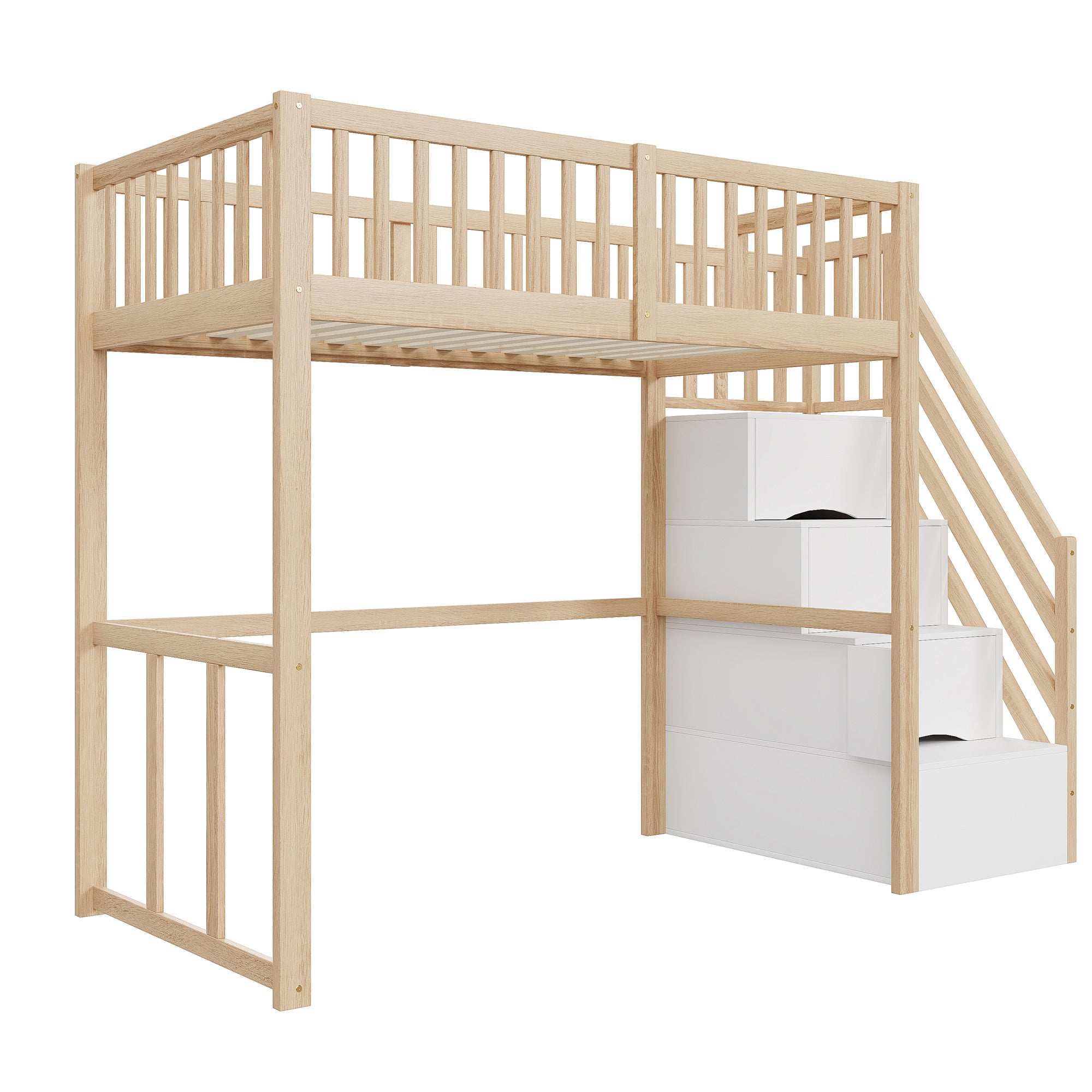 Lit mezzanine 90x200cm en bois massif - avec escalier de rangement - Naturel - 7